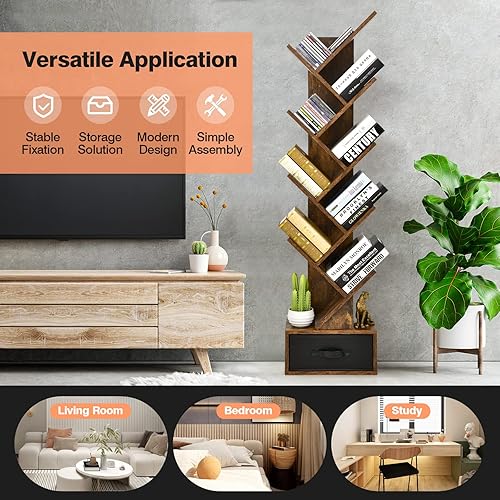 Miniatura 17 de Tangkula Estantería de árbol de 10 niveles con cajón, estantería rústica de esquina de 10 estantes que ahorra espacio, estantes organizadores de