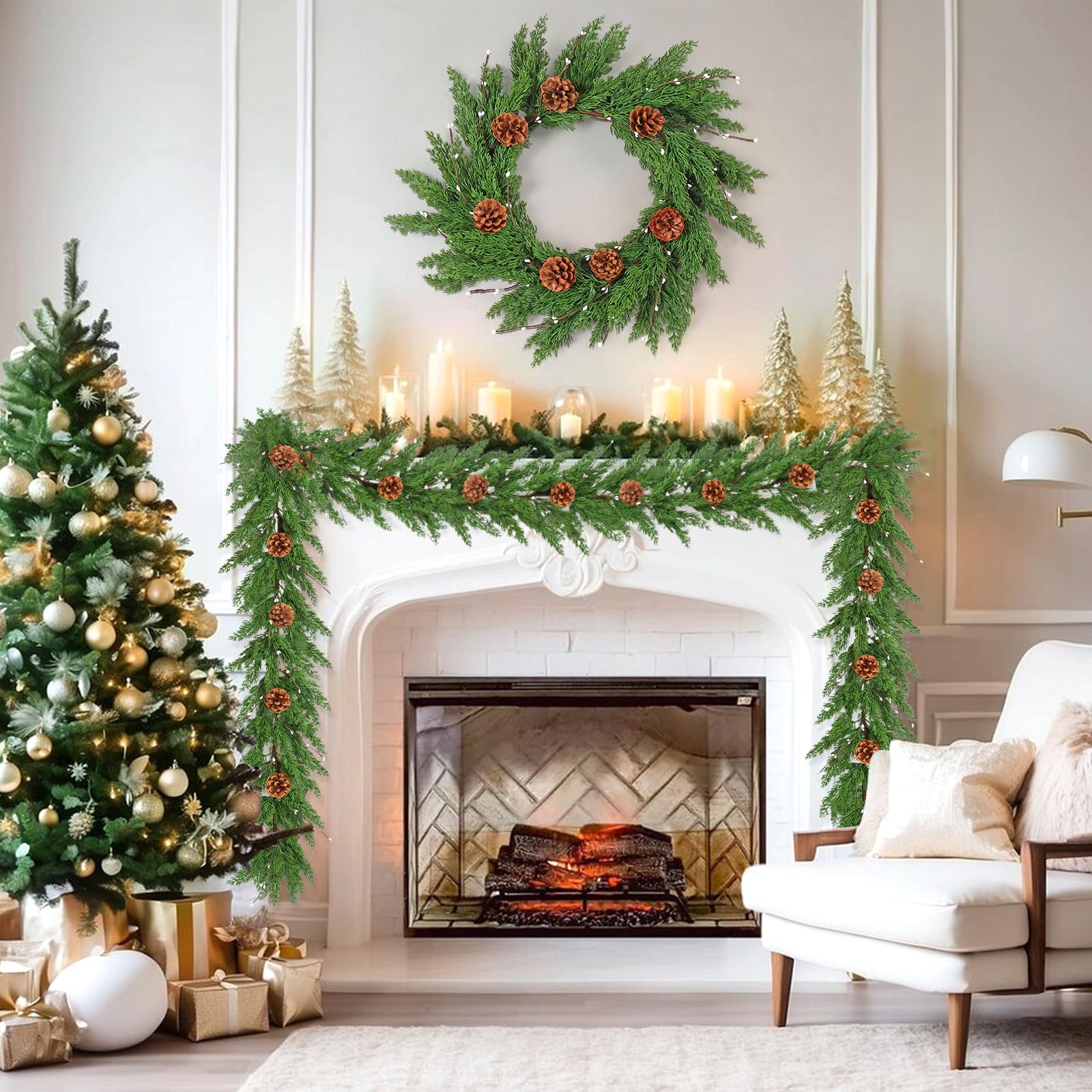 Betylifoy Ghirlanda natalizia artificiale 2PCS Ghirlanda artificiale di pino di Norfolk con bacche bianche e pigne 195CM Foglie verdi realistiche al tatto Corona (2)