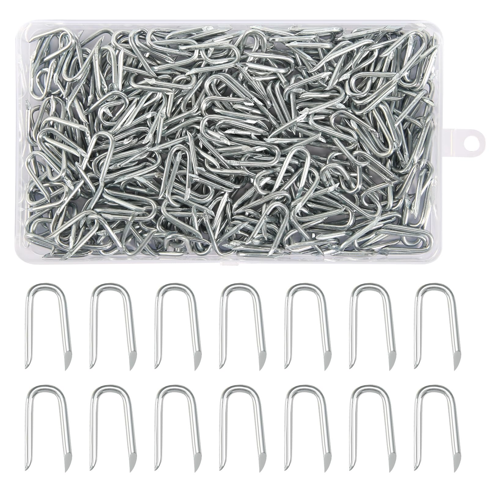 300 sztuk galwanizowanych gwoździ w kształcie litery U w plastikowym pudełku, ogrodzenie druciane, 24 mm, zszywki, ogrodzenie, zszywki, ciężkie elementy mocujące, gwoździe, gwoździe w kształcie litery