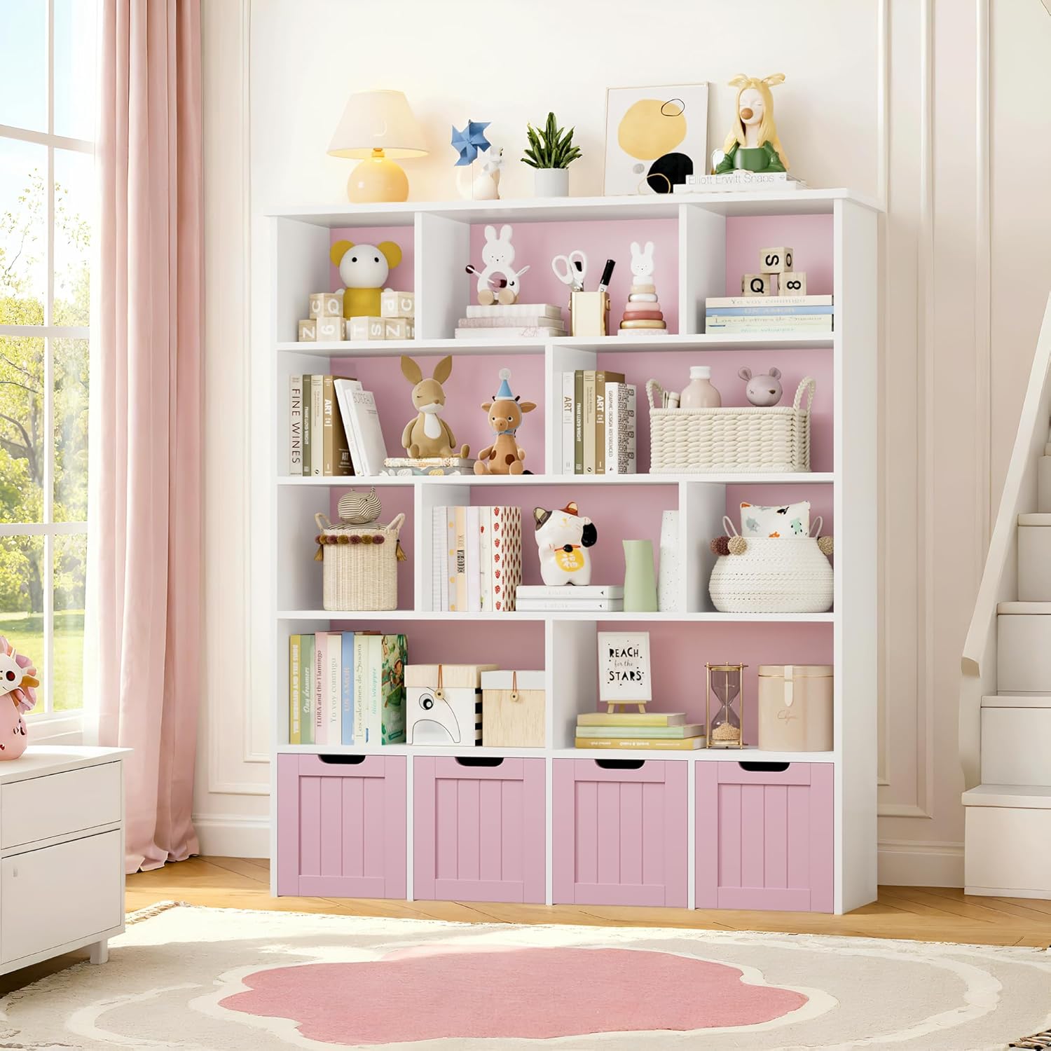 FINETONES 5-Tier Toy Storage Organizer positioned next to a child's bed and stairs, highlighting its tall design and storage for various items.