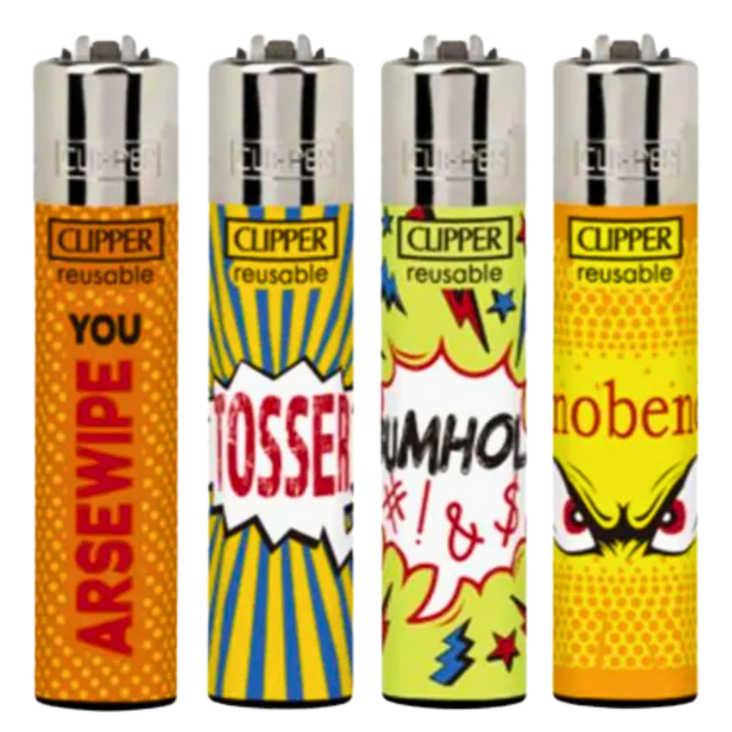 Zactly Silver 4 X Clipper Lighters Set Naughty Words 9 Design, Top Refillable Gas Lighter, Replaceable Flint - Limited Edition