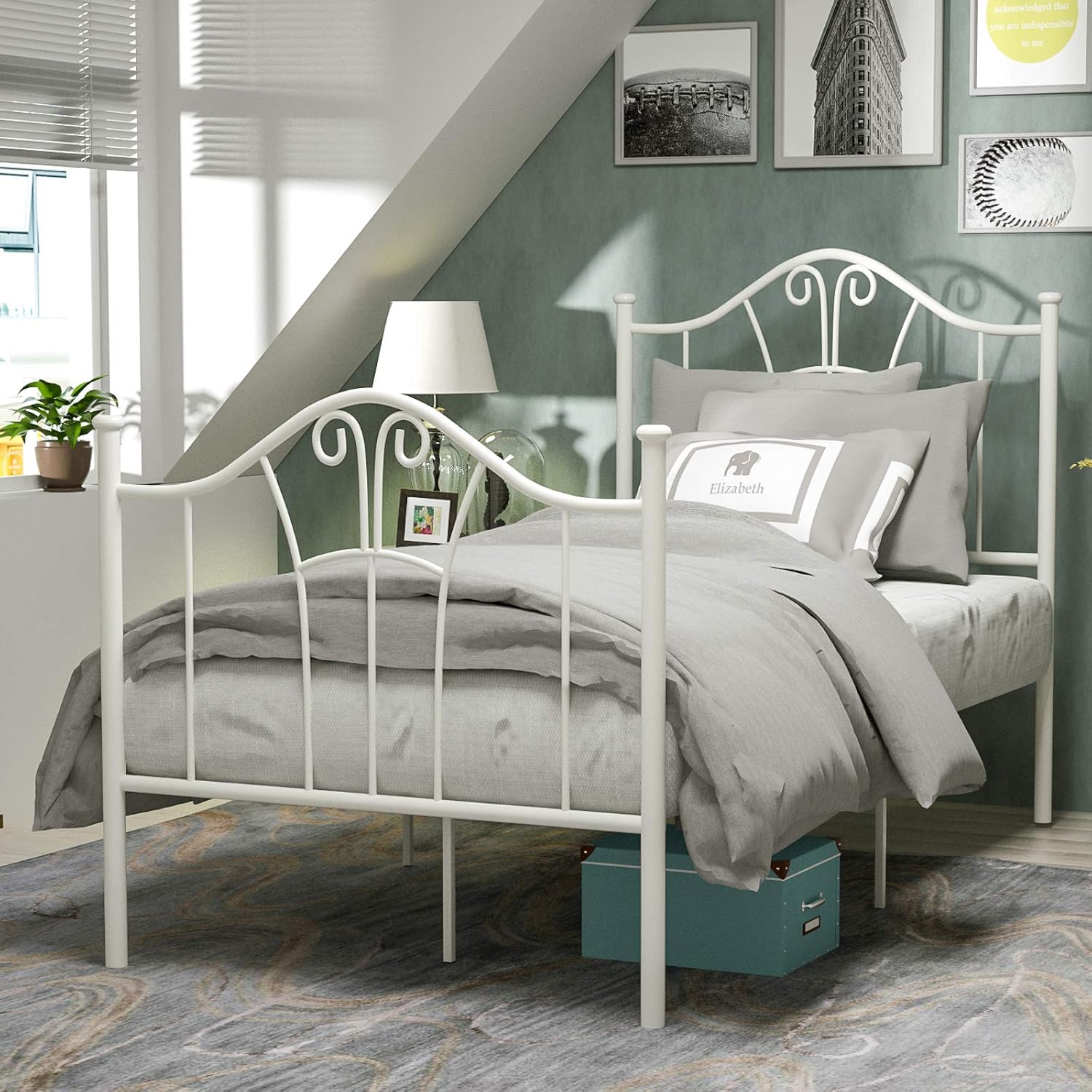 mecor Metal Twin XL Bed Frame, Platform Bed with Curved Steel Headboard Footboard, with Durable Metal Slat Support,No Box Spring Needed, Twin XL Size, White