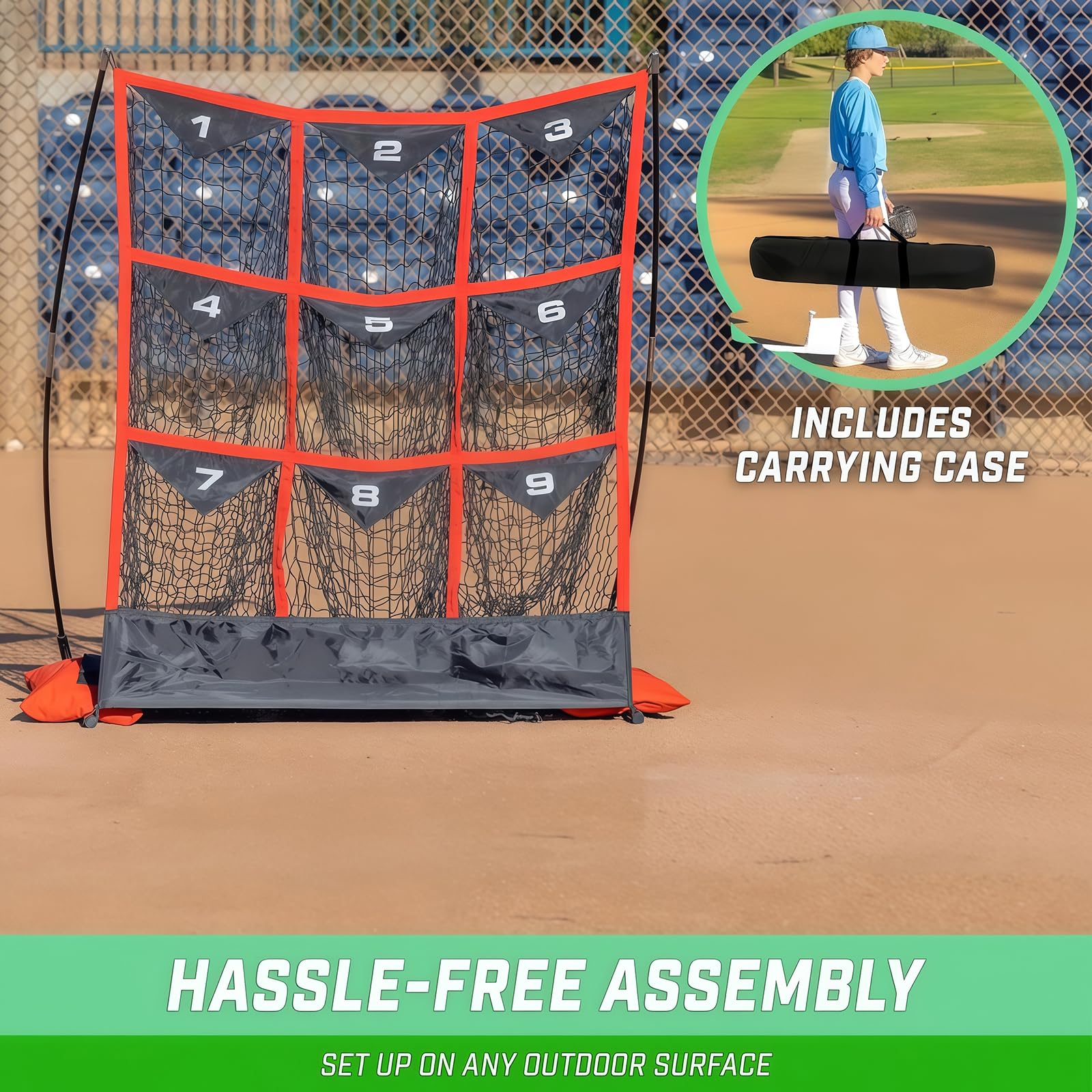 Generisch Baseball-Trainingsnetz, 9 Zielzonen, tragbar mit Tragetasche, 31 x 42 x 49 Zoll für Hinterhof- oder Feldübungen, einfache Einrichtung und langlebiges Design