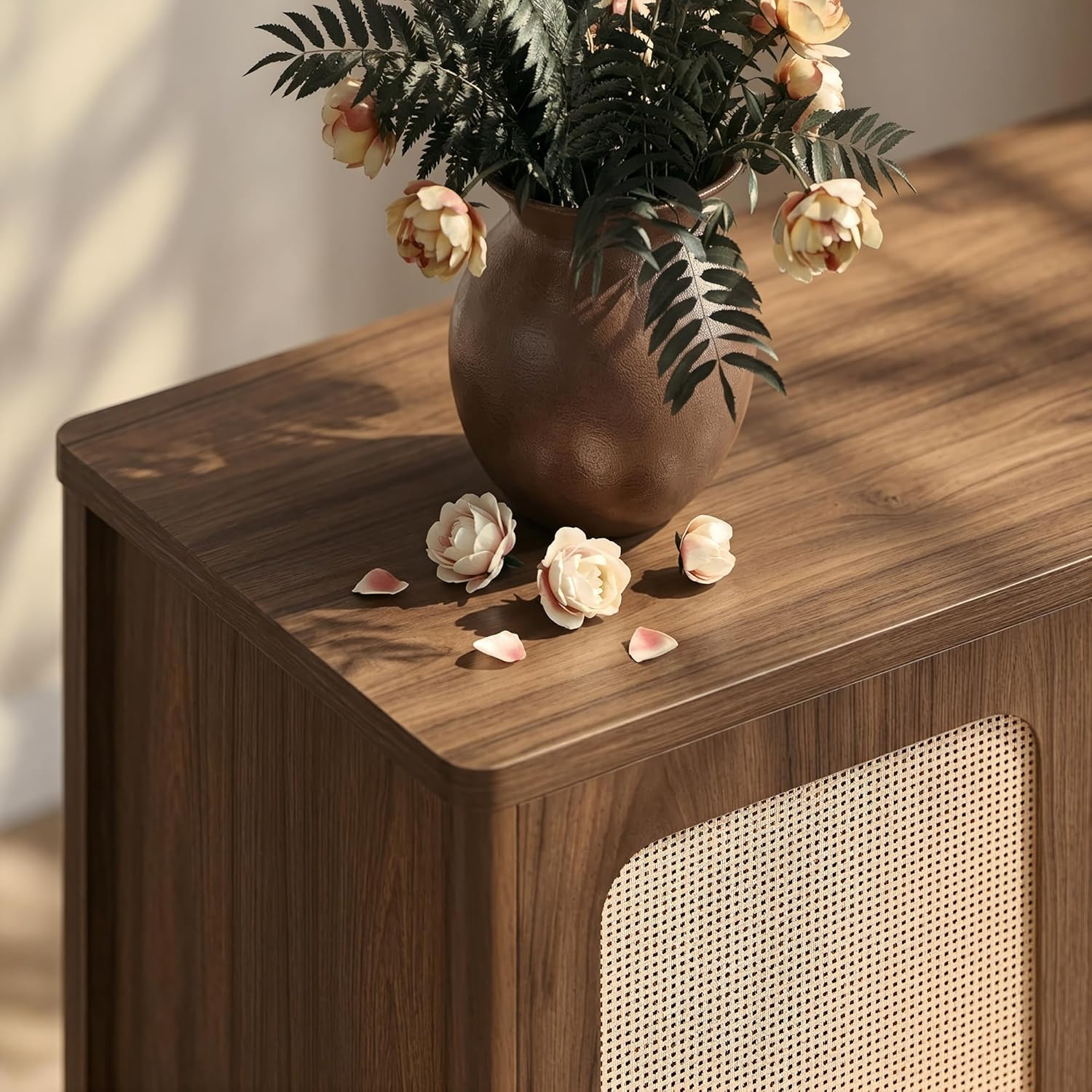 KISLOT 31.5" Rattan Buffet Cabinet with Storage, Sideboard with Adjustable Shelf, Accent Kitchen Floor Storage Cabinet with 2 Doors, Coffee Bar for Living Room, Entryway,Walnut(1 Box)