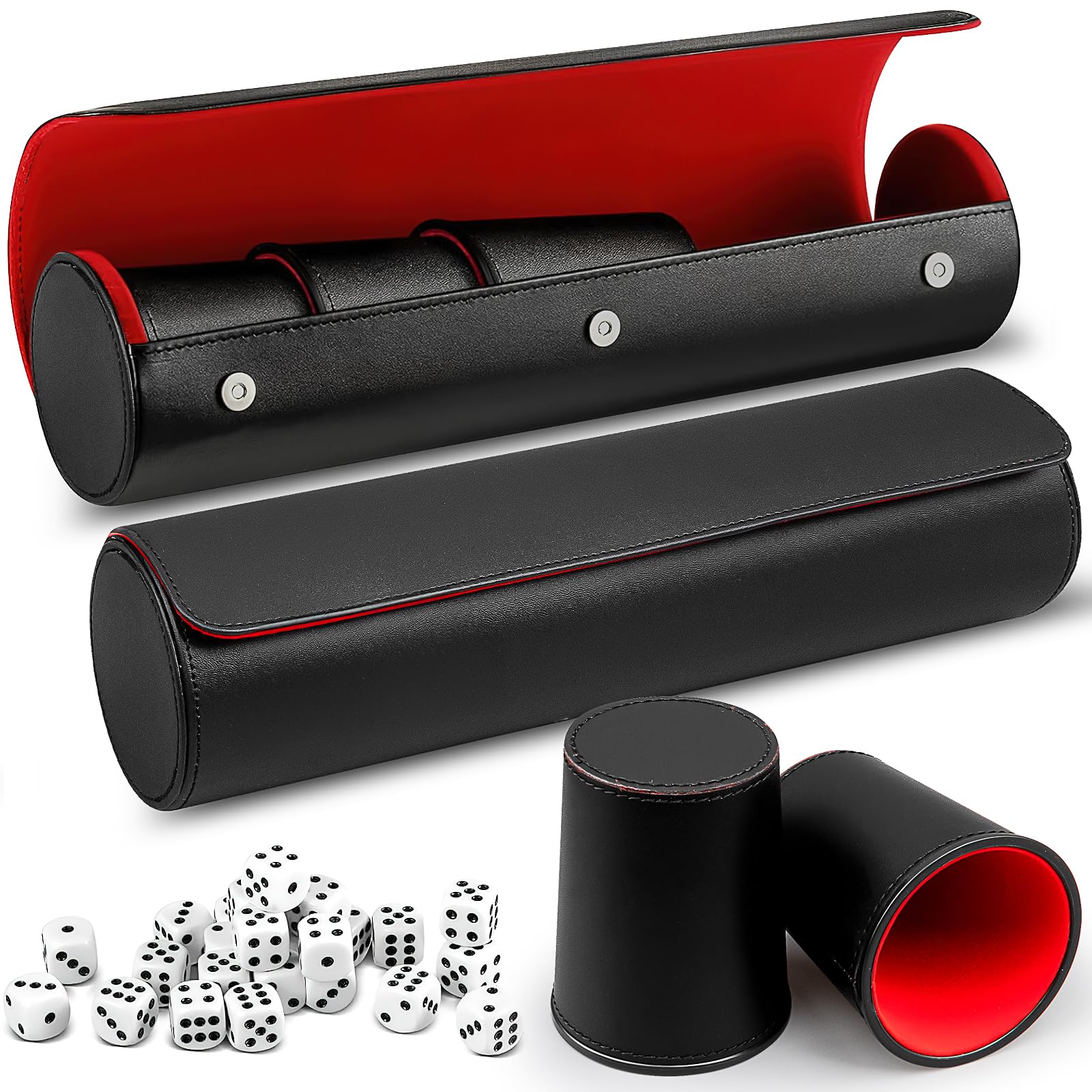 10 Pack Leather Dice Cup Set with 50 Dices and 2 Magnetic Storage Cases, Dices Shaker Cups for Yahtzee, Farkle, Liar's Dice, Board Games, Casino, Party Favors and Family Game Night
