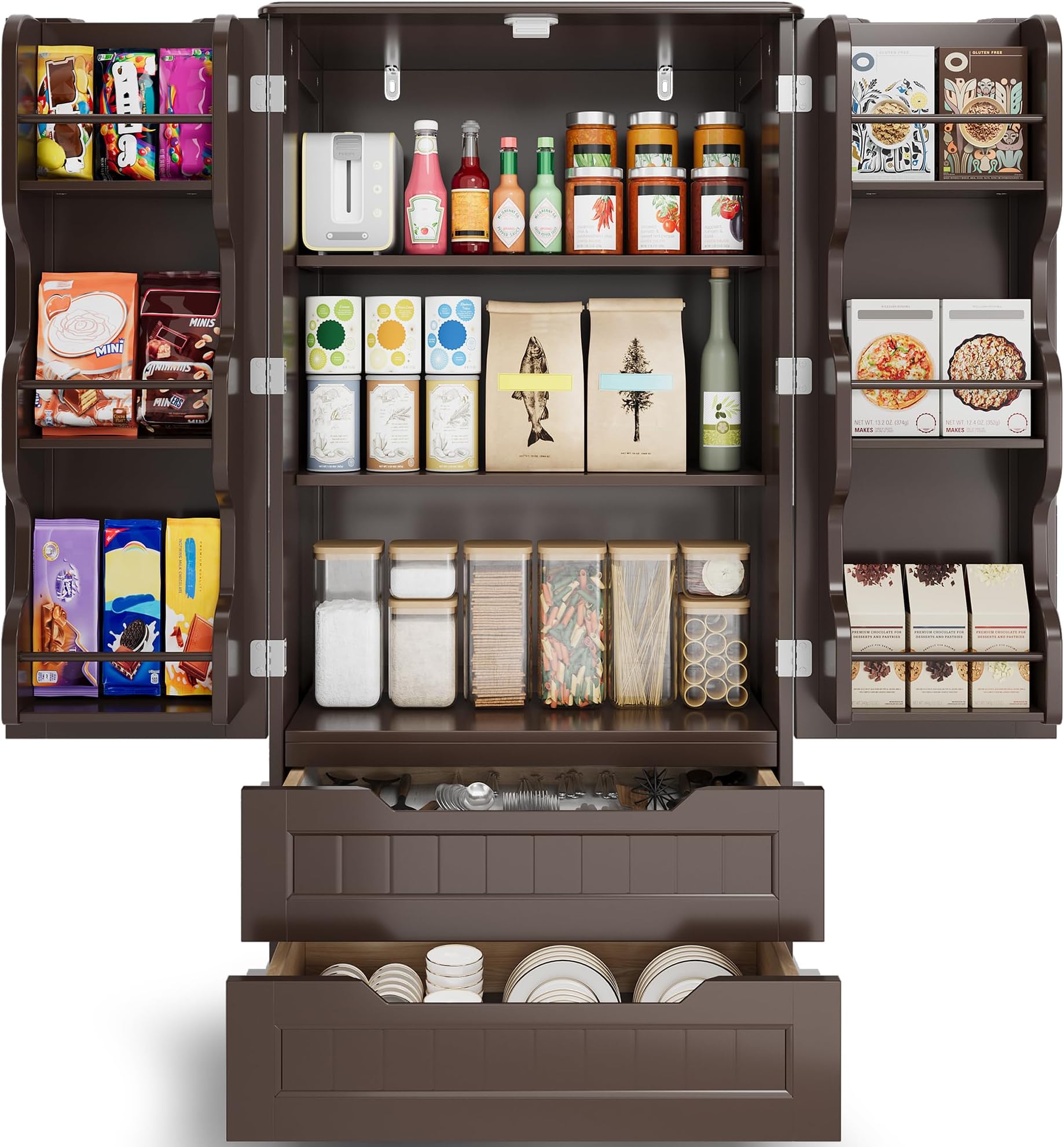 Gizoon Kitchen Pantry Storage Cabinet with Drawers Freestanding Bathroom Storage Cabinets with Doors and Shelves, 47" Small Wooden Food Pantry Cabinet for Dining Room Craft Room, Dark Brown