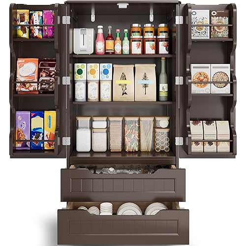 Gizoon Kitchen Pantry Storage Cabinet with Drawers Freestanding Bathroom Storage Cabinets with Doors and Shelves, 47" Small Wooden Food Pantry Cabinet for Dining Room Craft Room, Dark Brown