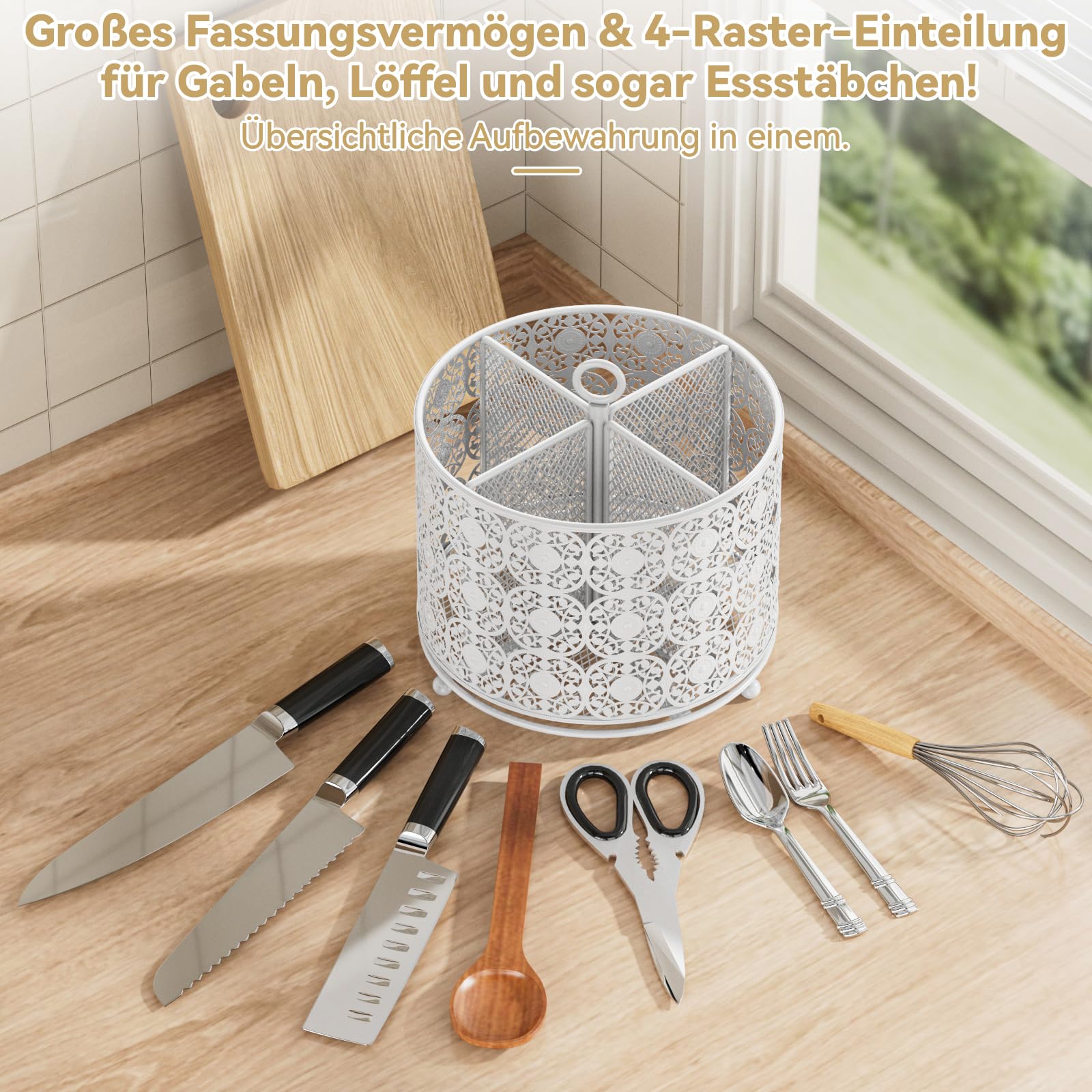 Porta Utensili Cucina Girevole In Acciaio Inox | Organizer 3 Scomparti Da Banco, Capacità 15 Utensili, Bianco