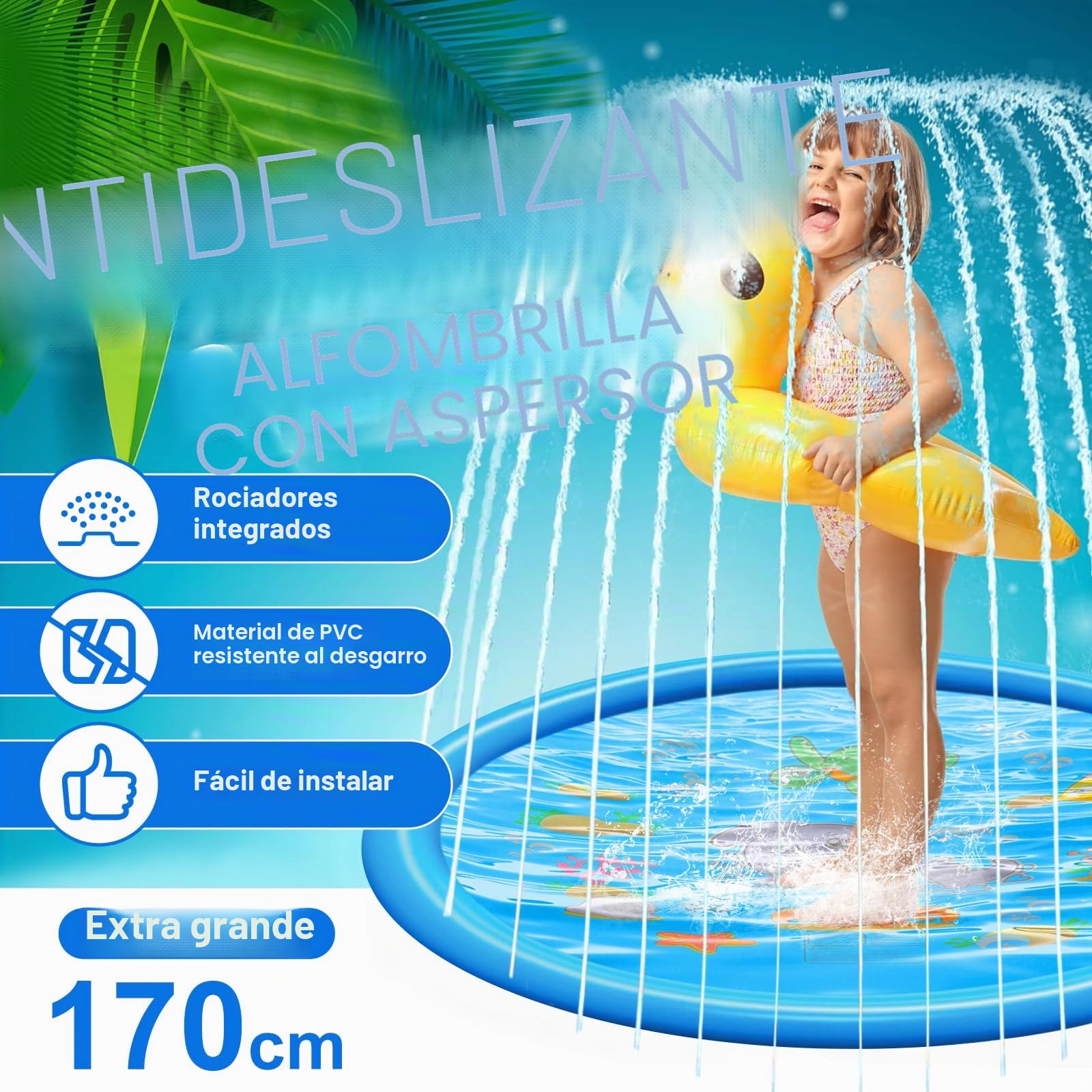 Alfombra Rociadora de Agua para Exterior 170 cm - Juguete Infantil de Verano para Niños 2 3+ Años con Conexión a Manguera, Parque Acuático Infantil, Piscina Refrescante Jardín