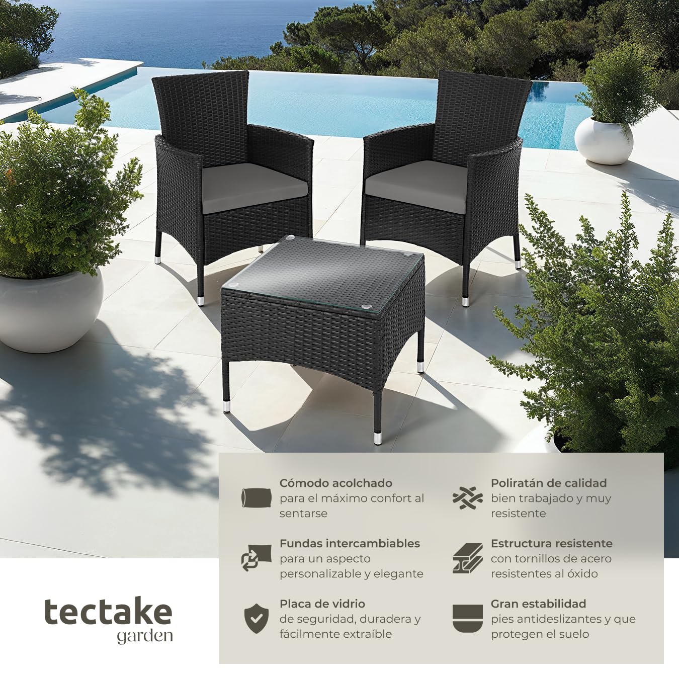 tectake® Conjunto Jardín Exterior de Ratán y Acero para 2 Personas, Muebles Jardín Exterior Resistentes a Intemperie, 2 Sillones y 1 Mesa Cristal, Fácil Montaje y Limpieza, Incl. 4 Fundas - Negro