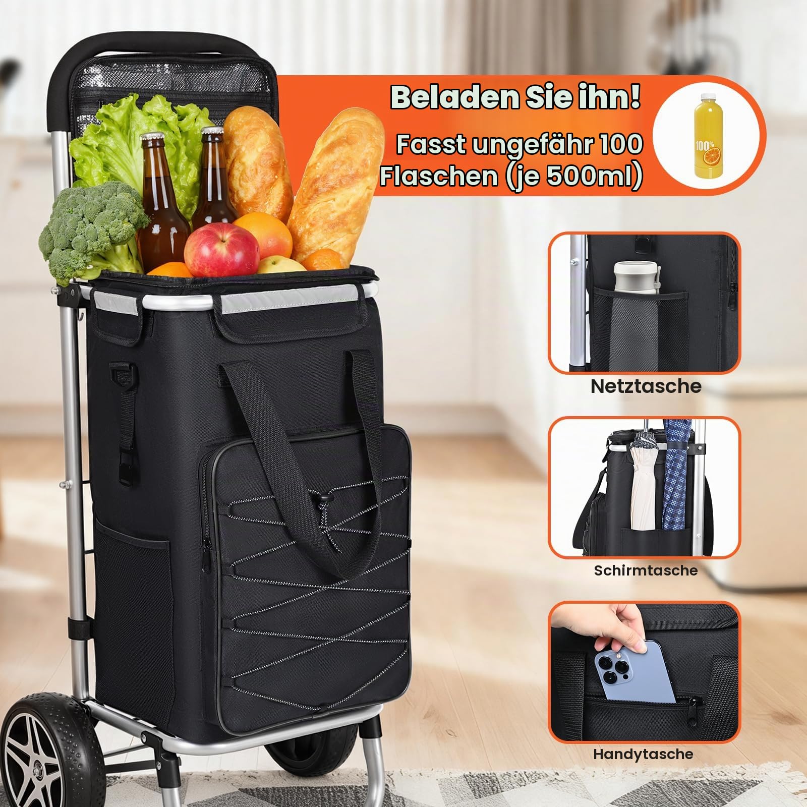 YEAUPE PRO Einkaufstrolley, Trolley groß mit Reflexstreifen 50L, 25kg, Matt-schwarz