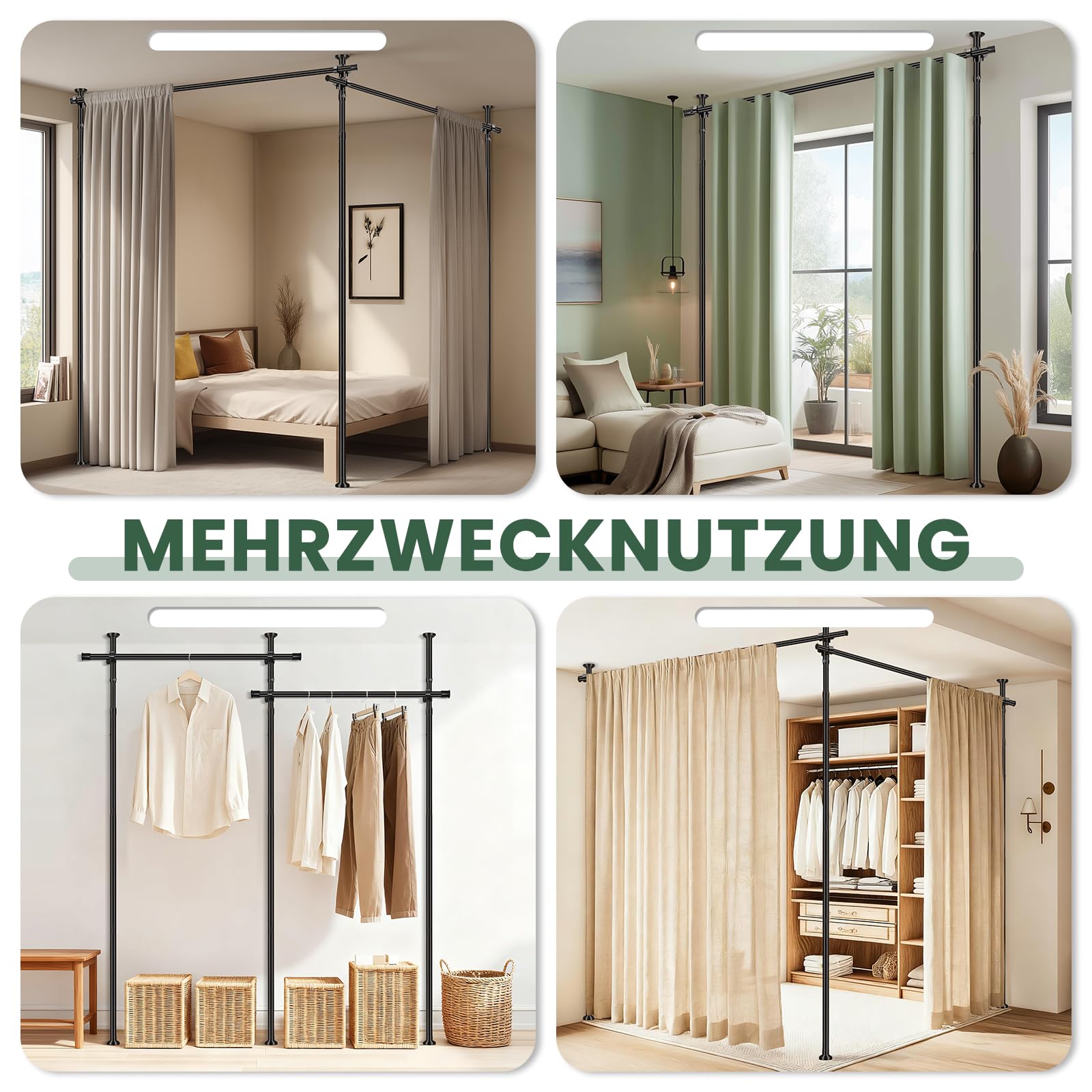 JILRON Barra de cortina sin agujeros, separador de espacios, barra de cortina de techo ajustable (H110-300 × B183-508 cm) para salón, apartamento de alquiler, negro
