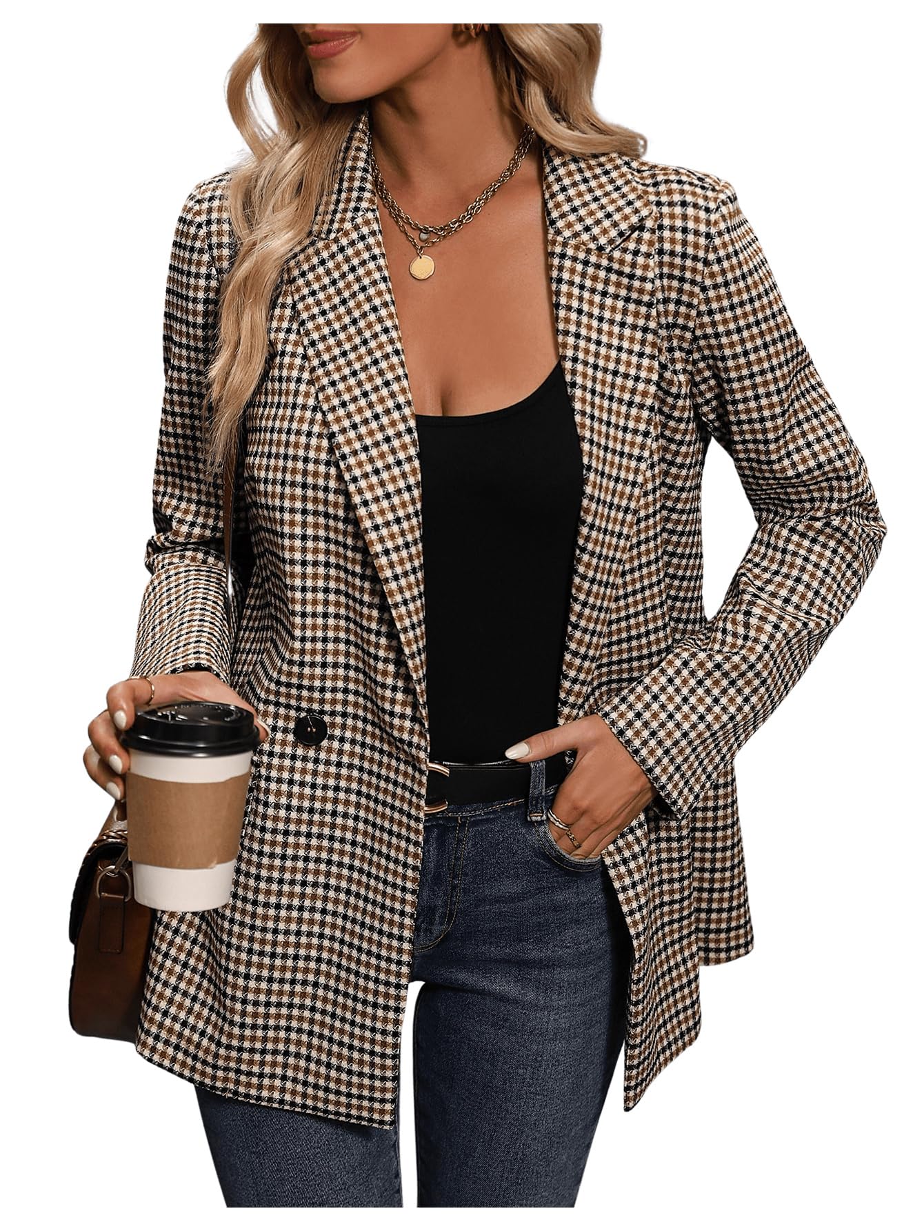 SweatyRocks Womens Casual Lapel Blazer Jacket Plaid Double Breasted Gingham Suit Coat