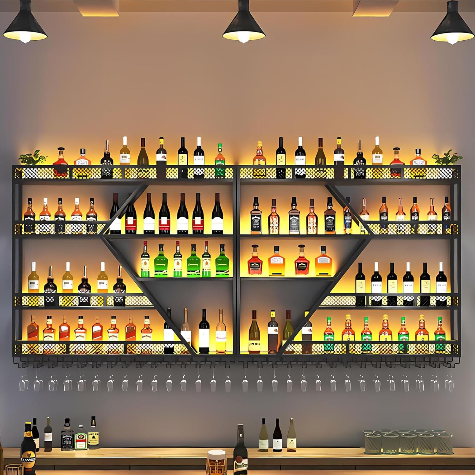 Estante de vino de pared de metal con iluminación LED y soporte modular