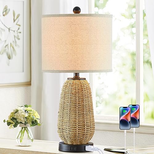 Lámpara de mesa de ratán con control táctil, lámpara de noche regulable de 3 vías para dormitorio con 2 puertos USB y salida de CA, lámparas de
