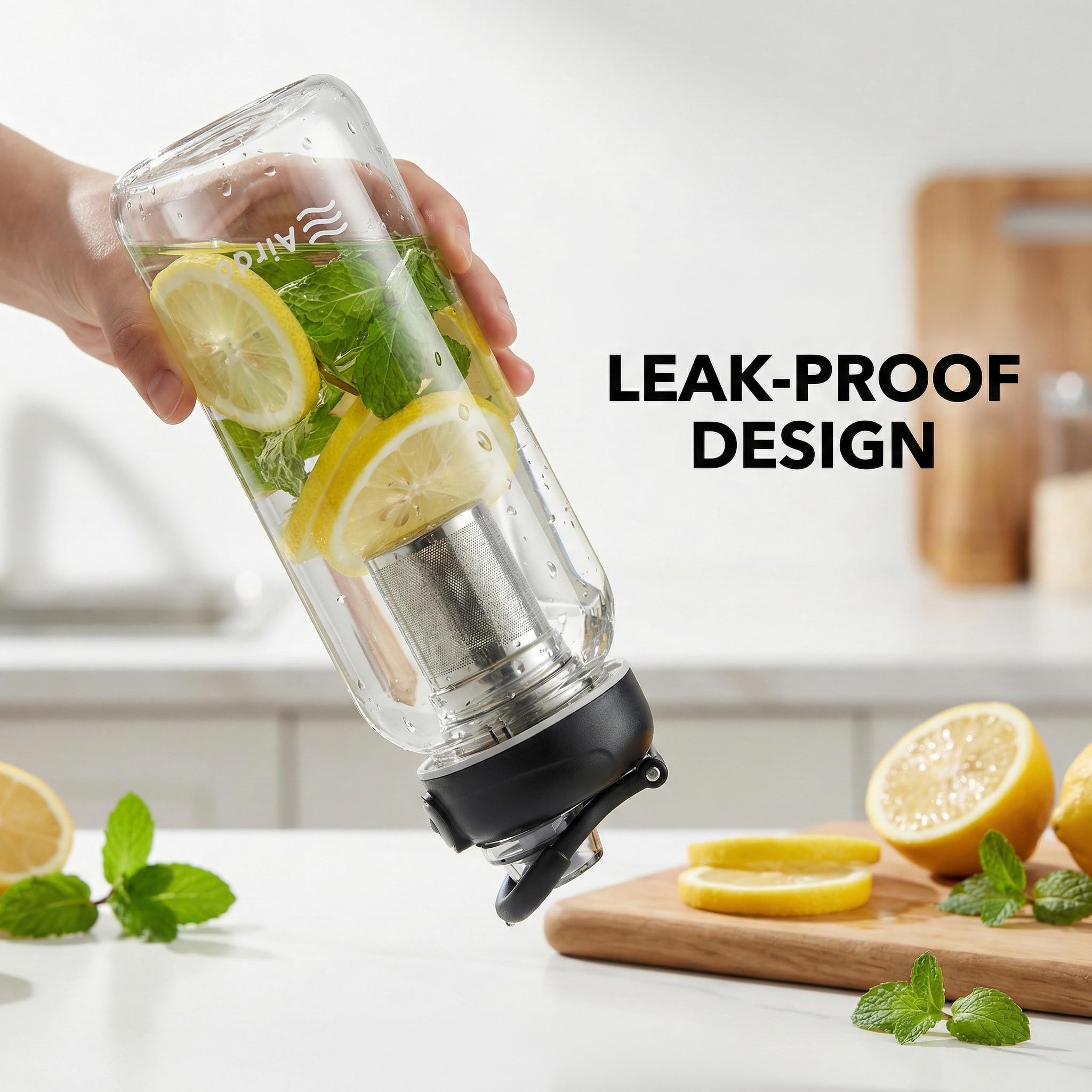 Botella de agua de vidrio con infusor de té de acero inoxidable de 32 onzas