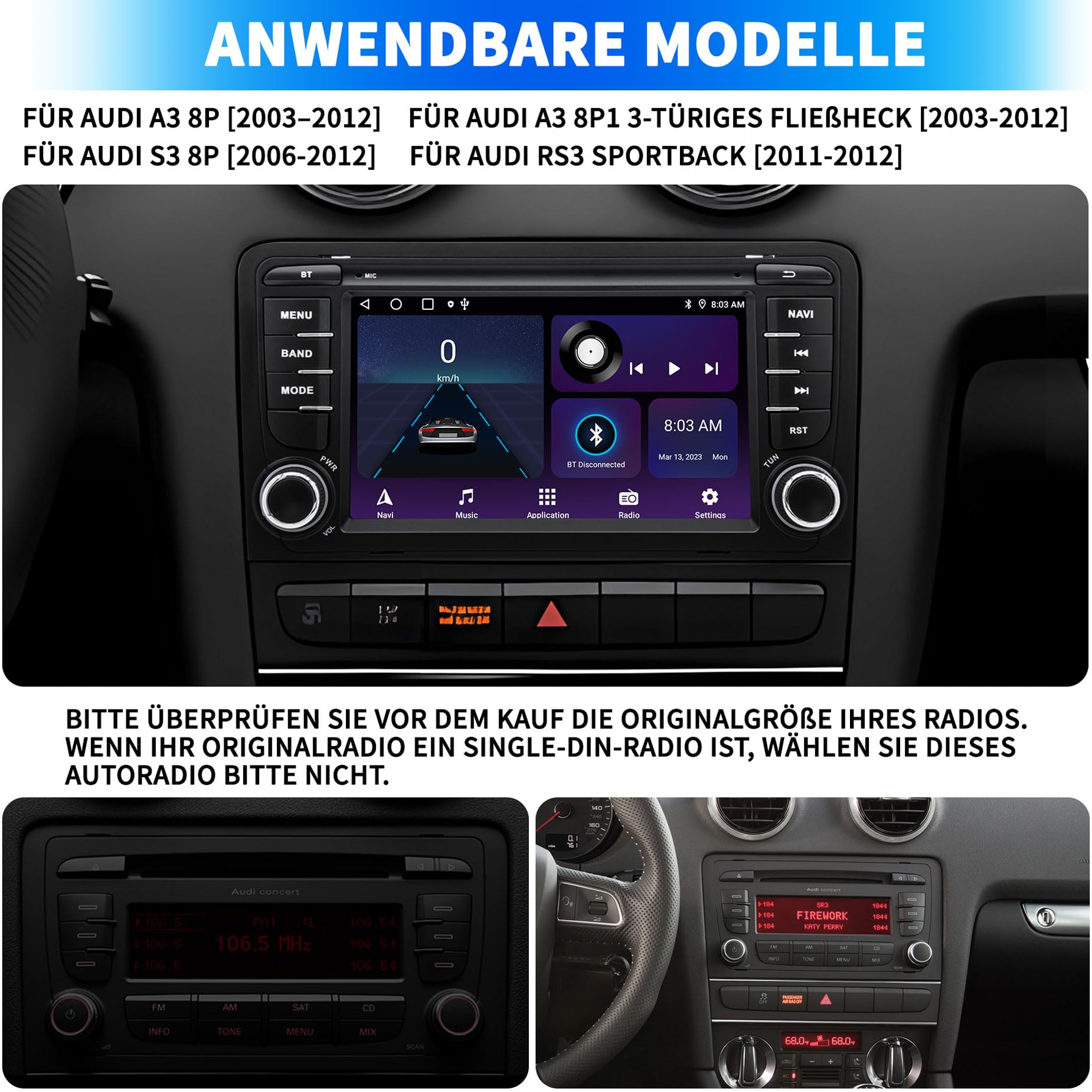 Autoradio für Audi A3 S3 8P RS3 2003 2004 2005 2006 2007 2008 2009 2010 2011 2012, Android 12 System 2G+64G mit Carplay Android Auto, 7 Zoll Touchscreen, Unterstützt GPS Navi WLAN Bluetooth FM Radio