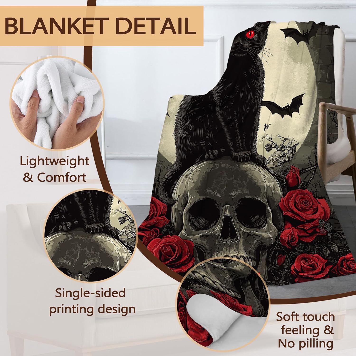 Black Cat Sofa Throw Blankets,Gothic Skull Bats Flower Soft Cozy Fuzzy Lightweight Travel Blanket,Flannel Fleece Fall Throw Blanket for Couch,Bed,Camping,Movie Nights,Watching TV 50 X 60 Inch - Image 3