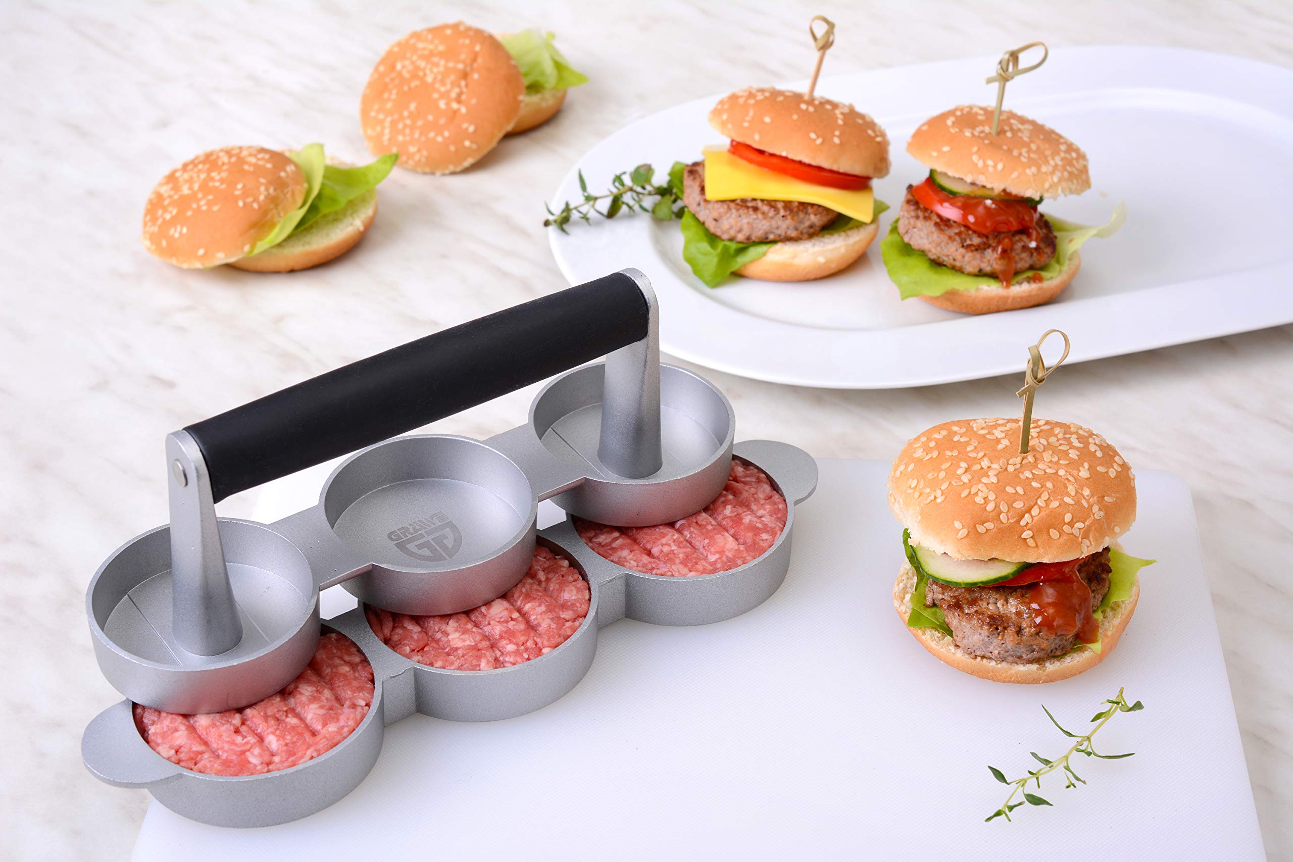 Presse à Burgers AEG - Fonte D'aluminium Antiadhésive + 20 Feuilles Papier - Manche En Bois - Pour Des Burgers Parfaits à La Maison - 5