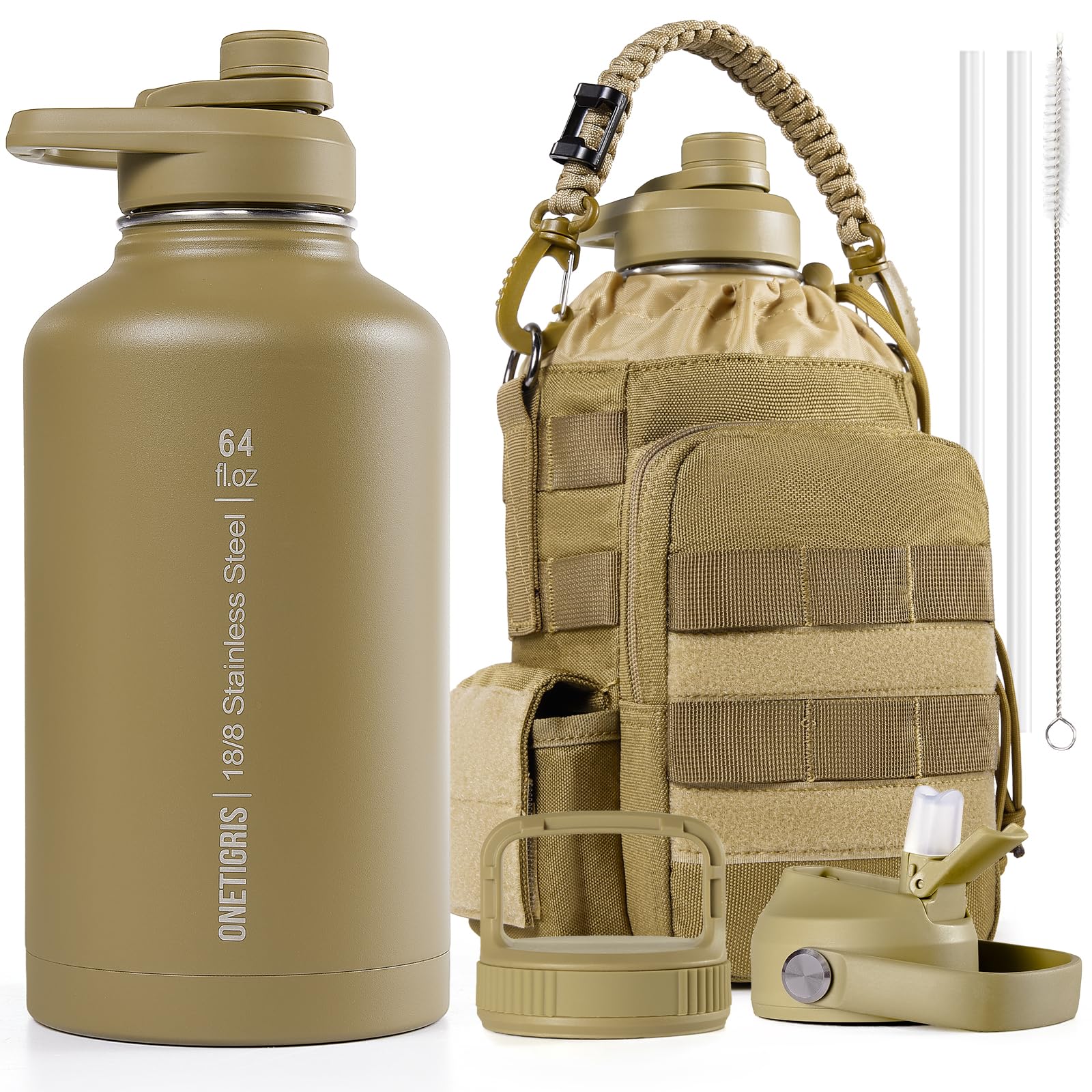 OneTigris 1.9L Stainless Steel Water Bottle - Buon Isolamento per Sport, Esterna in Marrone Coyote, 64 OZ - Cycling, Cam