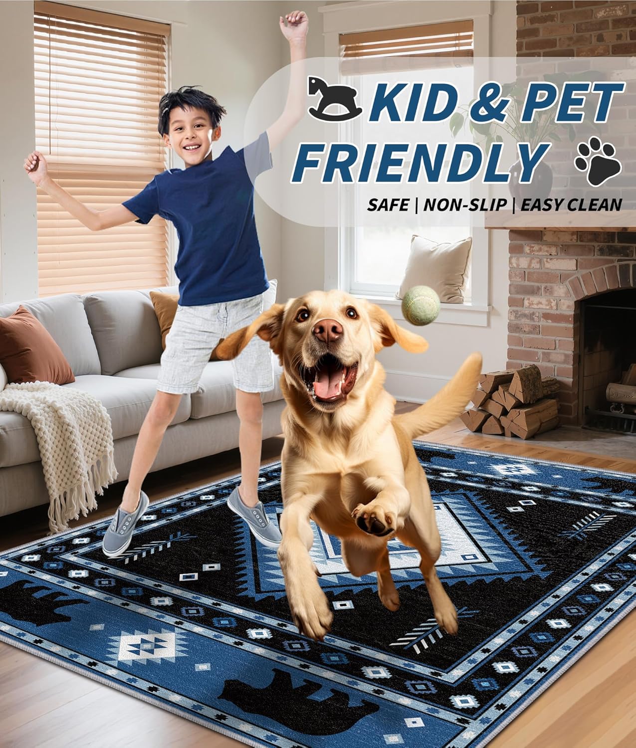 Aztec Rug 5x7 - Southwestern Bear Cabin Area Rugs for Living Room Bedroom, Rustic Boho Machine Washable | Non-Slip | Soft Large Carpets, Native American Home Decor (Blue White Black)