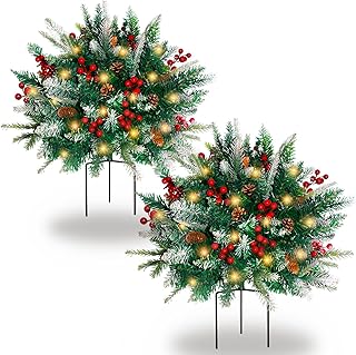 2 Pack Lighted Artificial Christmas Urn Filler, Battery Operated Pre-lit Xmas Pine Trees, Tripod Stake and 60 LED Lights, Holiday Porch Decorations for Porch, Yard, Garden, Flower Beds（Warm White）