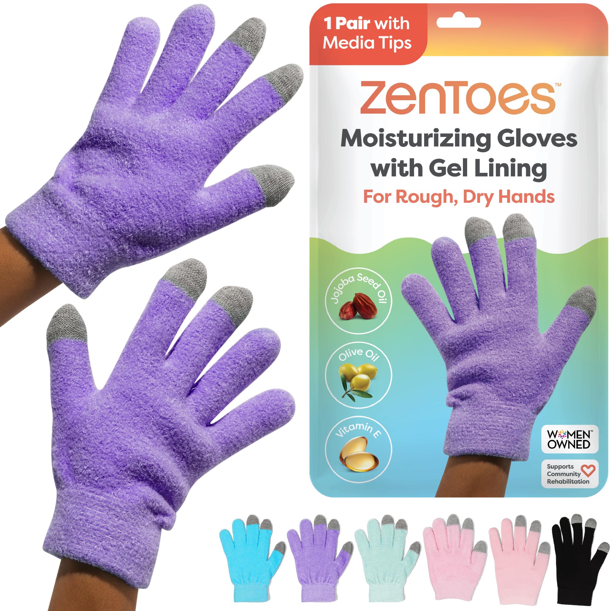 ZenToes Moisturizing Gloves for Dry Hands, Gel Infused with Jojoba Seed Oil, Olive Oil and Vitamin E, Overnight Hand Moisturizer (OSFM, Fuzzy Lilac