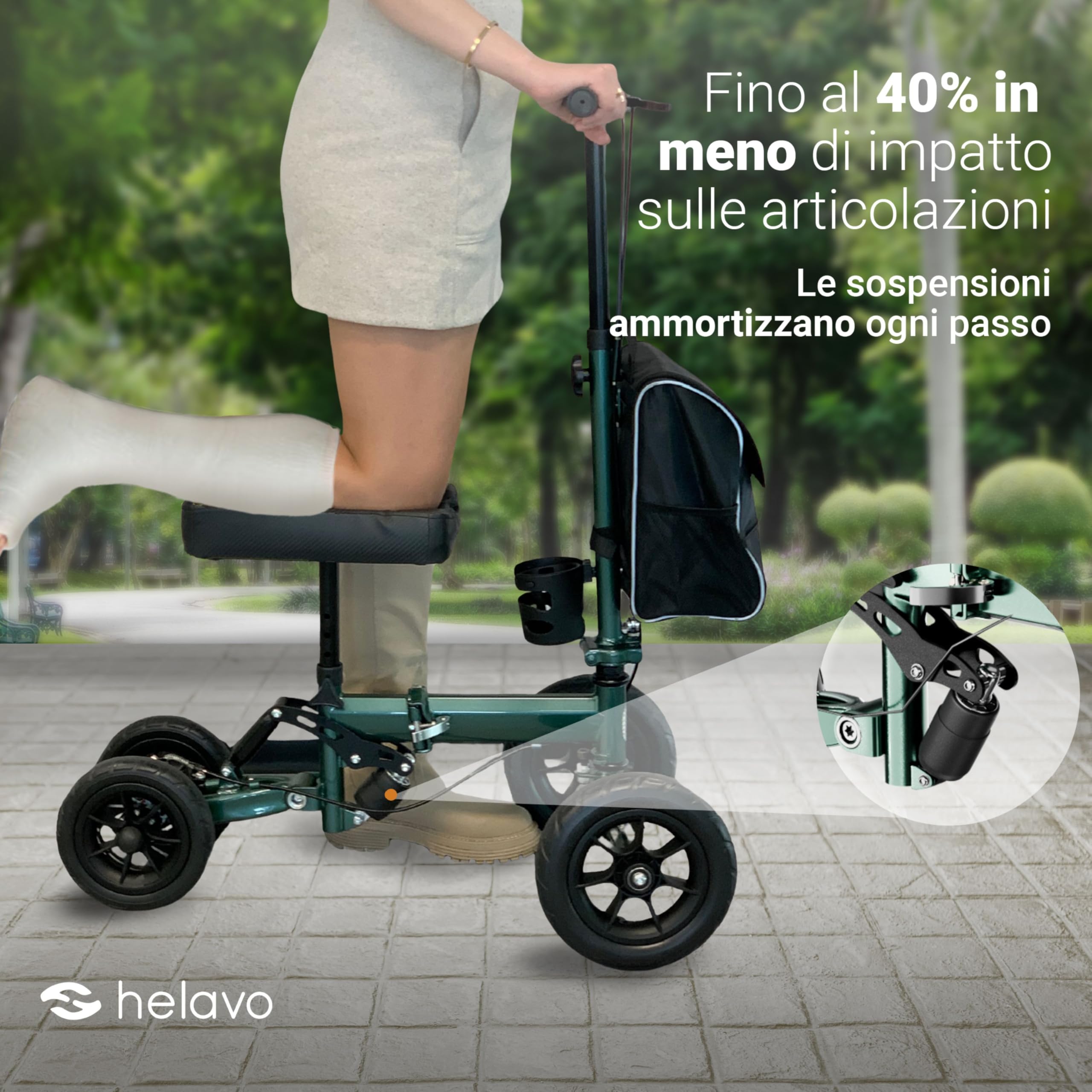 Helavo Scooter per Ginocchio Pieghevole, Deambulatore Ortopedico | Deambulatore ortopedico per ginocchia con 2 ginocchiere - Alternativa alle stampelle - Ruote da 10"/8"