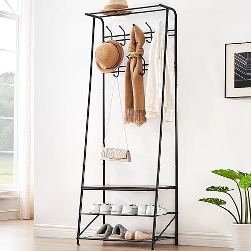 HODAKOOK Perchero 4 en 1 con 9 ganchos, árbol de pasillo de 70.8 pulgadas con banco de zapatos para entrada, banco de entrada con perchero, con 2