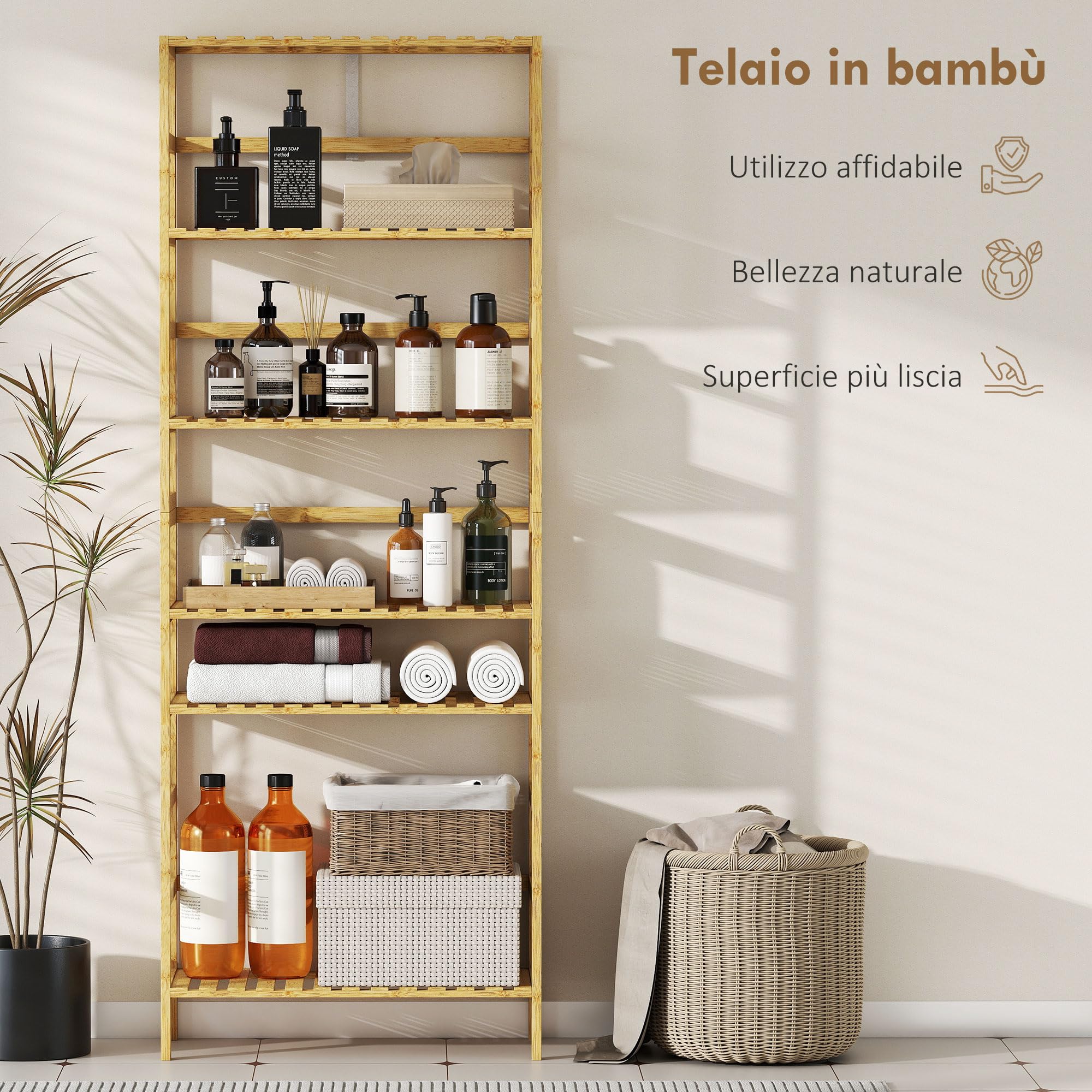 HOMCOM Scaffale Portaoggetti in Bambù a 6 Ripiani, Libreria Scaffale Moderno con Ripiani Regolabili, per Bagno, Soggiorno, Camera da Letto, Studio e Ufficio, Legno Naturale