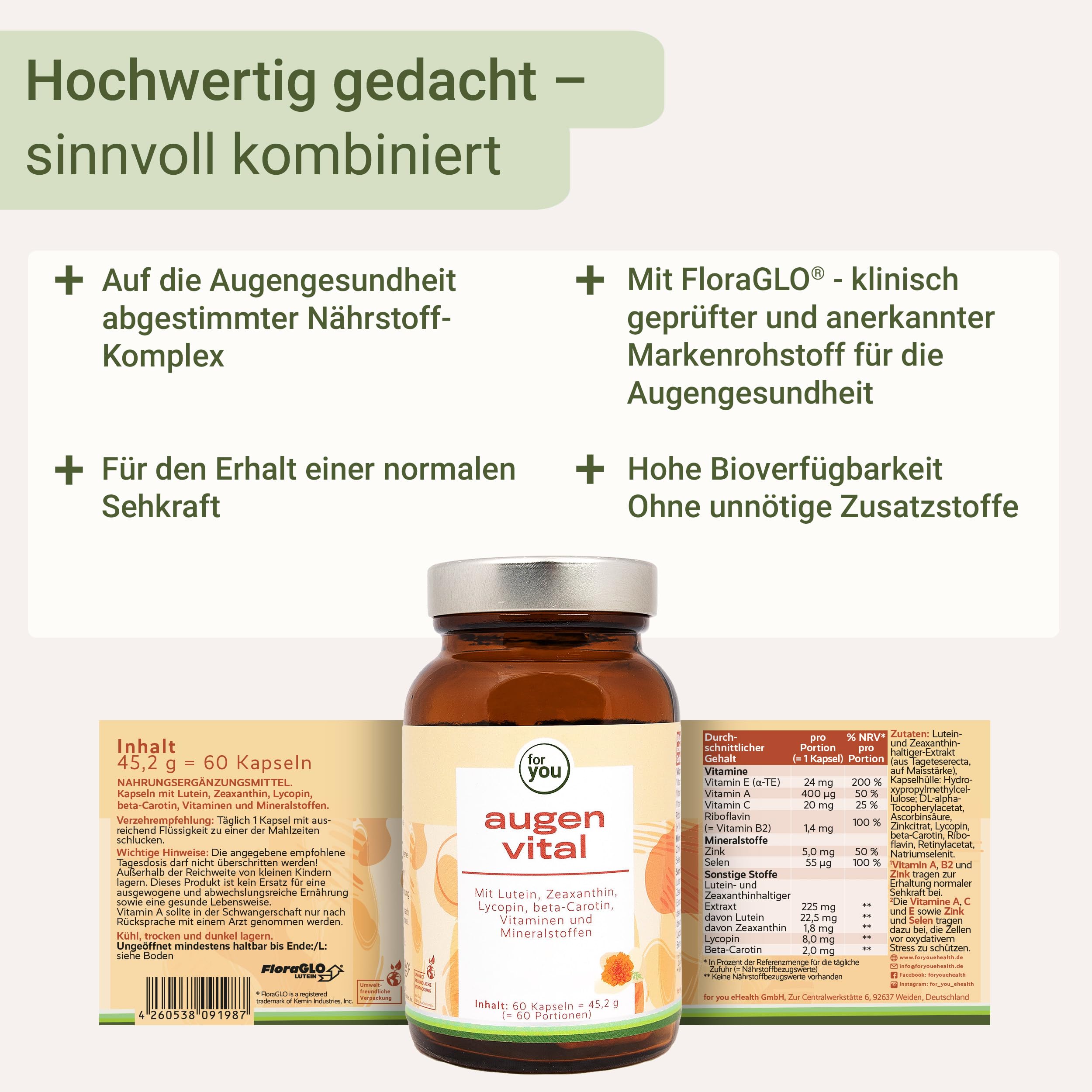for you augen vital Doppelpack - abgestimmter Augengesundheit-Komplex mit natürlichem Lutein & Zeaxanthin von FloraGLO® - anerkannter Markenrohstoff + Lycopin, beta-Carotin, Vitamine & Mineralstoffe