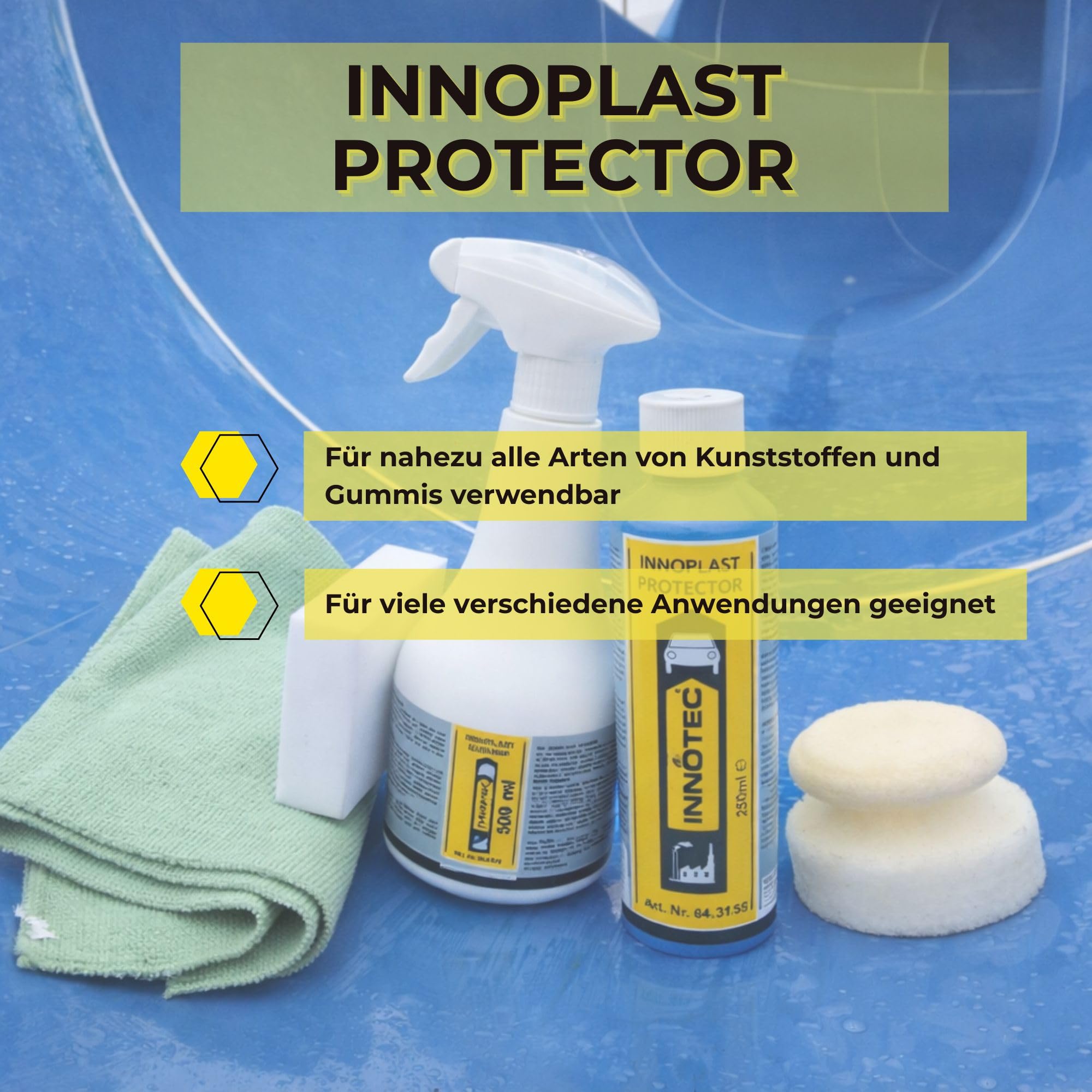 2 Stück INNOTEC Innoplast Protector 250 ml – Kunststoff- & Gummi-Pflegespray entfernt Schmutz, pflegt & schützt Oberflächen – für Auto, Gartenmöbel, Kunststoffteile, Verkleidungen & Outdoor-Einsatz