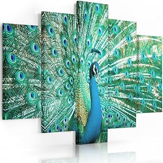 Feeby Frames, Quadro multipannello di 5 Pannelli, Quadro su Tela, Stampa Artistica, Canvas 100x200 cm, Tipo A, Pavone, Verde, Blu