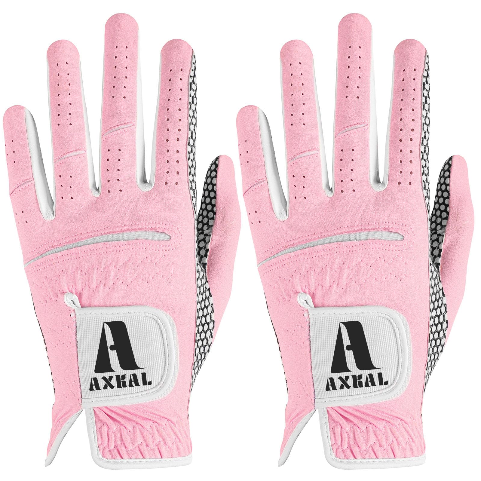 AXKAL Golf Gloves Women Enhanced Grip Comfortable Value 2 Pack Right Left Hand, Lightweight All Weather Breathable Ladies Golf Gloves Purple Pink Sizes S M ML L XL (Pink, M, Left)