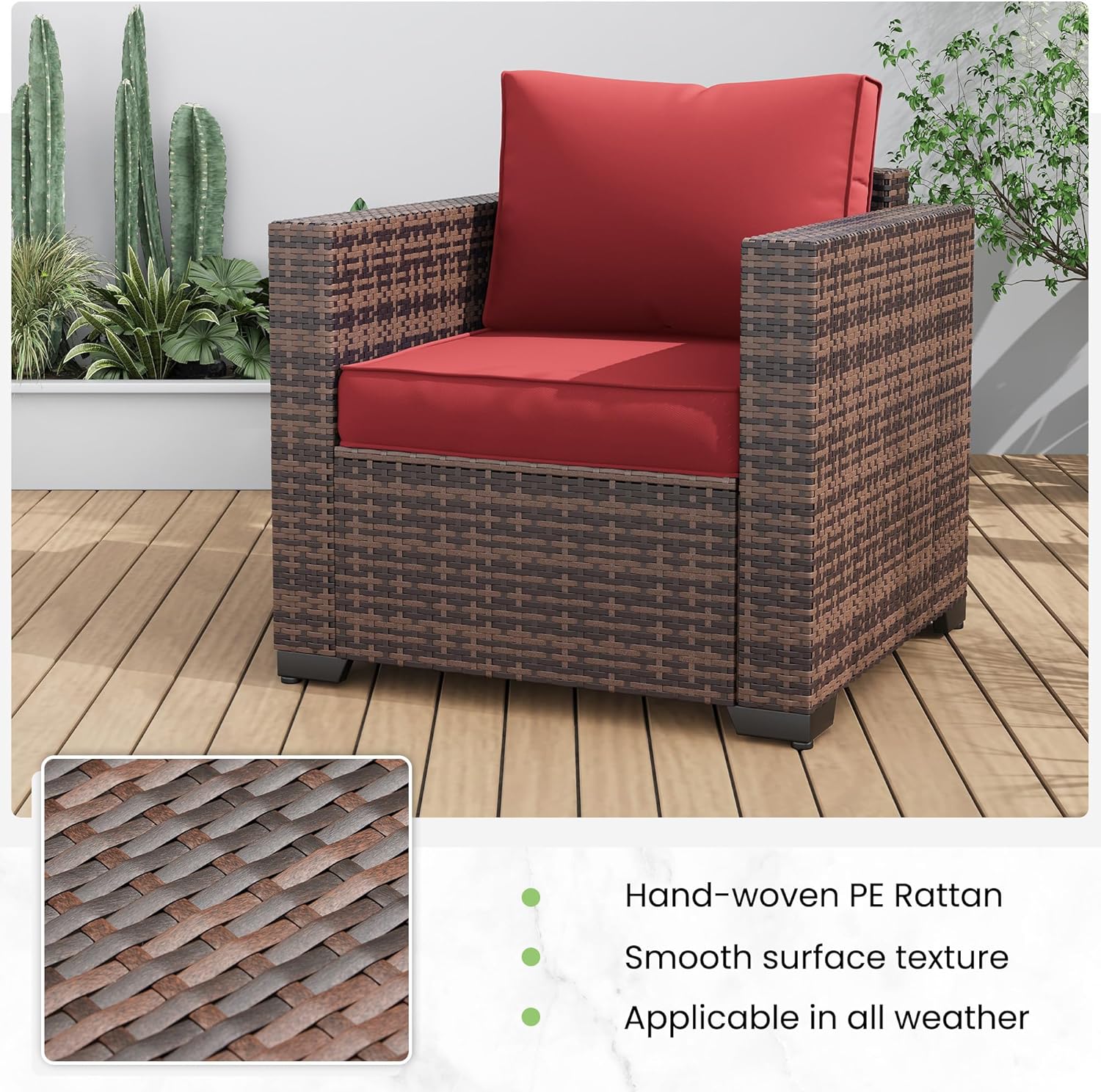 Amopatio Wicker Outdoor Sofa & Patio Couch Set - High Back Waterproof Patio Furniture Single Armrest Chair with Non-Slip Cushions, Outdoor Furniture Cover,Burgundy