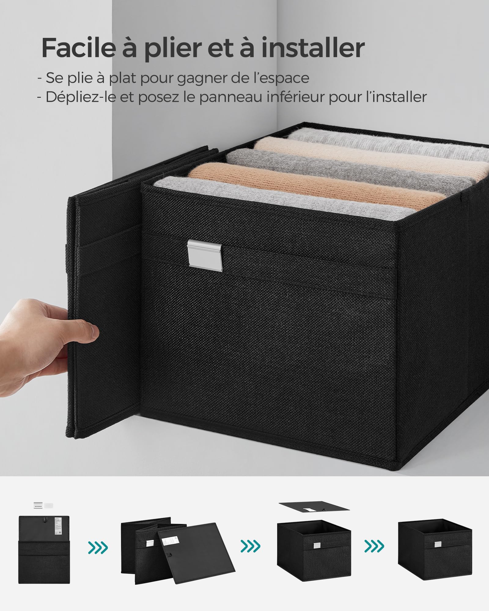 Boîtes Rangement Pliables SONGMICS - Lot De 3 - 40x30x25cm - Tissu Noir Avec Couvercles
