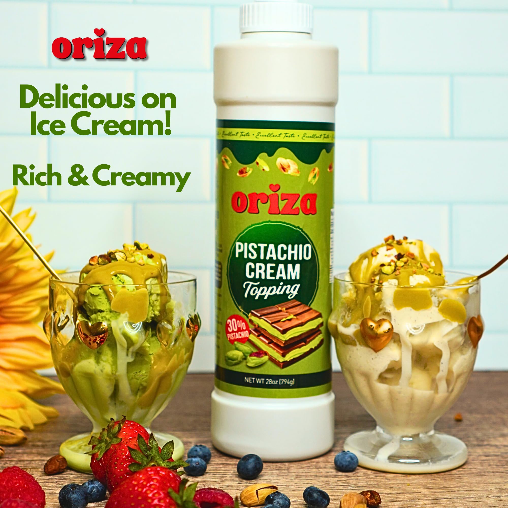 Oriza Pistachio Cream Topping 28oz 800g Bottle Pack of 24 Bulk Pistachio Spread with 30 Pistachios Palm Oil — view 9