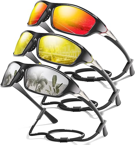 Miniatura 47 de Paquete de 3 lentes de sol deportivos polarizados para hombres, gafas de sol masculinas envolventes con protección UV para ciclismo, pesca y