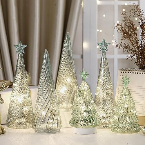 Miniatura 6 de Juego de 6 figuras iluminadas de árbol de Navidad de vidrio de mercurio con luces LED, funciona con pilas, centros de mesa de Navidad iluminados