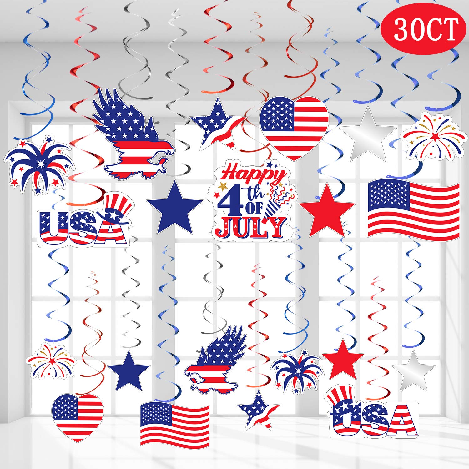 30 Counts Fourth of July Patriotic Decorations Hanging Swirl, 4th of July American Flag/Stars Red White Blue Patriotic Day Hanging Swirl Decorations