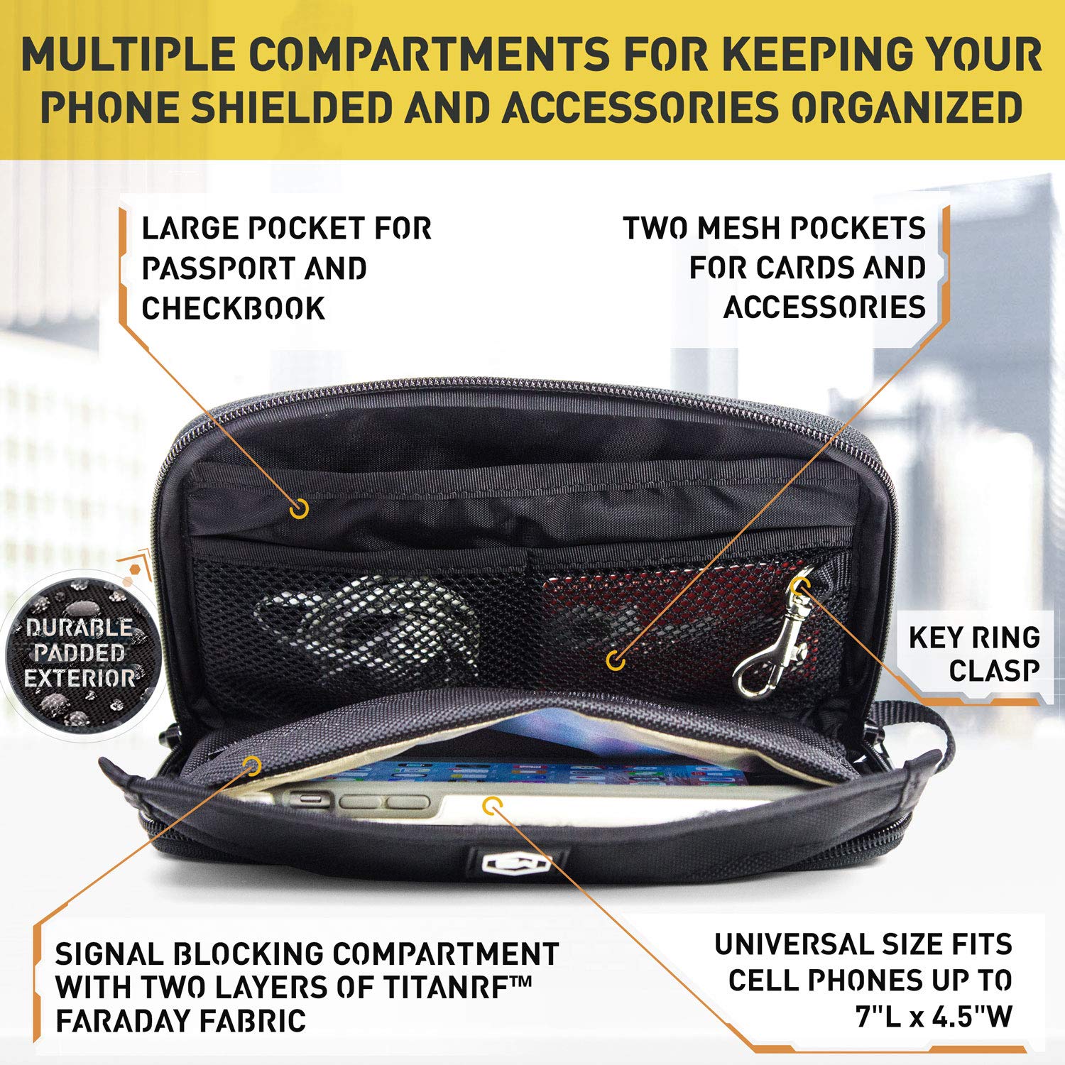 Mission Darkness Mojave Faraday Phone Bag — Multi-Functional Travel Case with Accessory Pockets and Built-in Faraday Sleeve/Signal-Blocking, Anti-Tracking, Anti-Hacking, EMF Reduction