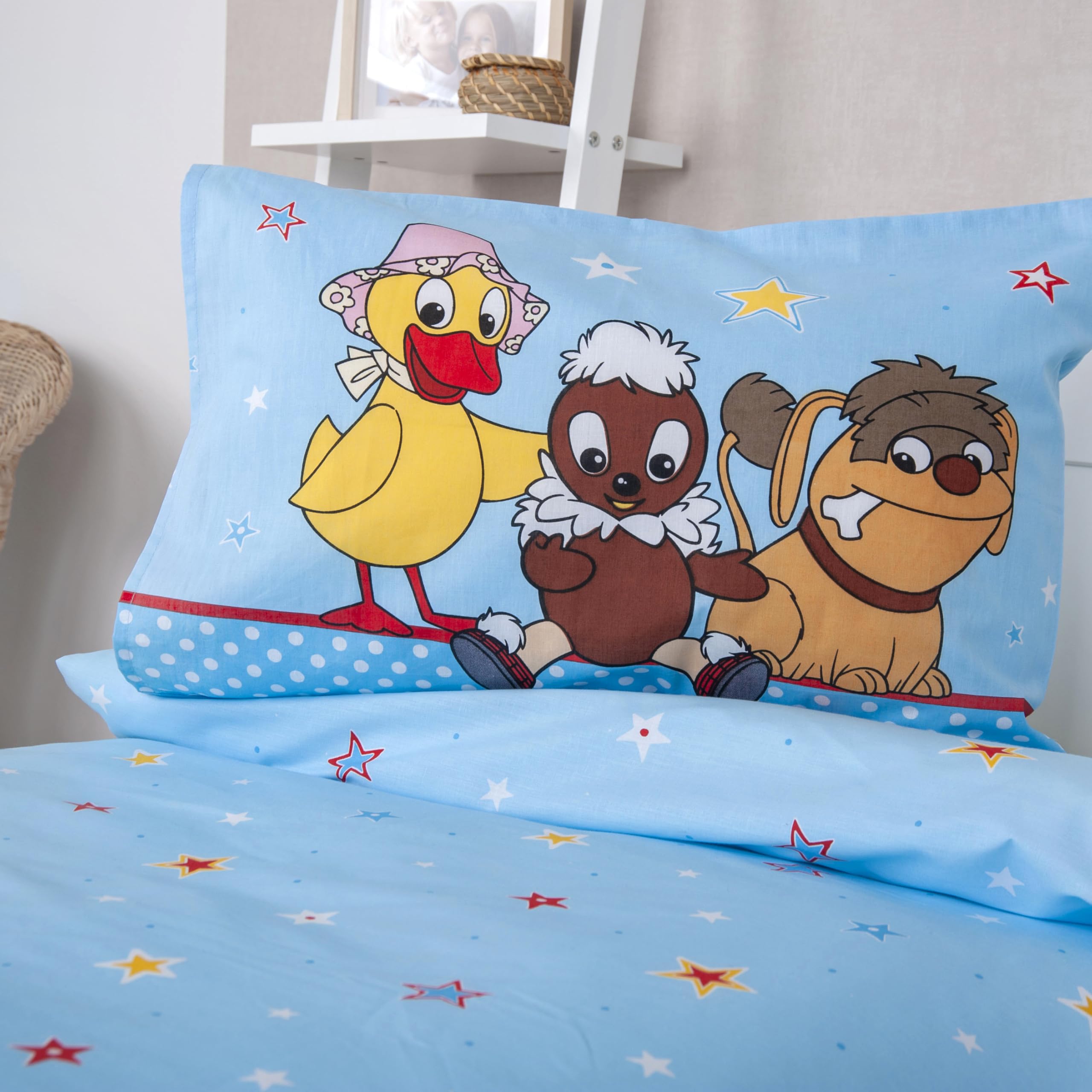 Unser Sandmännchen Bettwäsche, Schnatterinchen, Pittiplatsch, Moppi 40x60cm + 100x135cm, 100% Baumwolle mit Reißverschluss