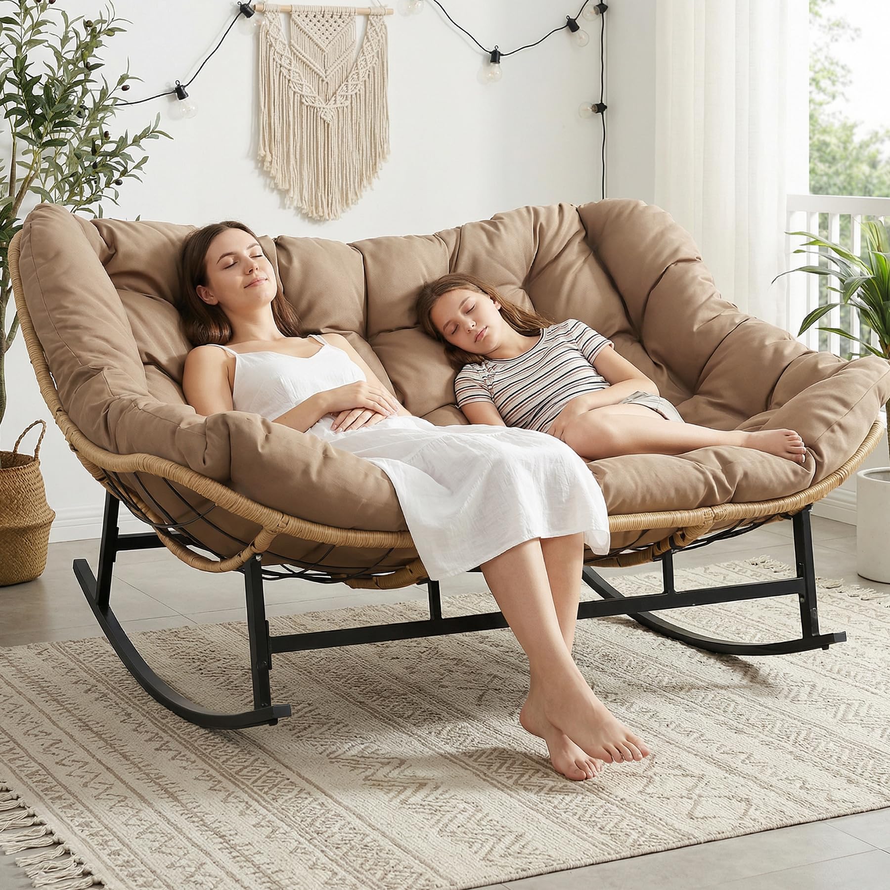 RADIATA Double Rocking Chair, Oversized Egg Rocking Chairs for 2 Person, Large Wide Papasan Loveseat with Cushion and Frame, Comfort Outdoor Furniture for Reading/Relaxing Patio Garden Backyard Brown