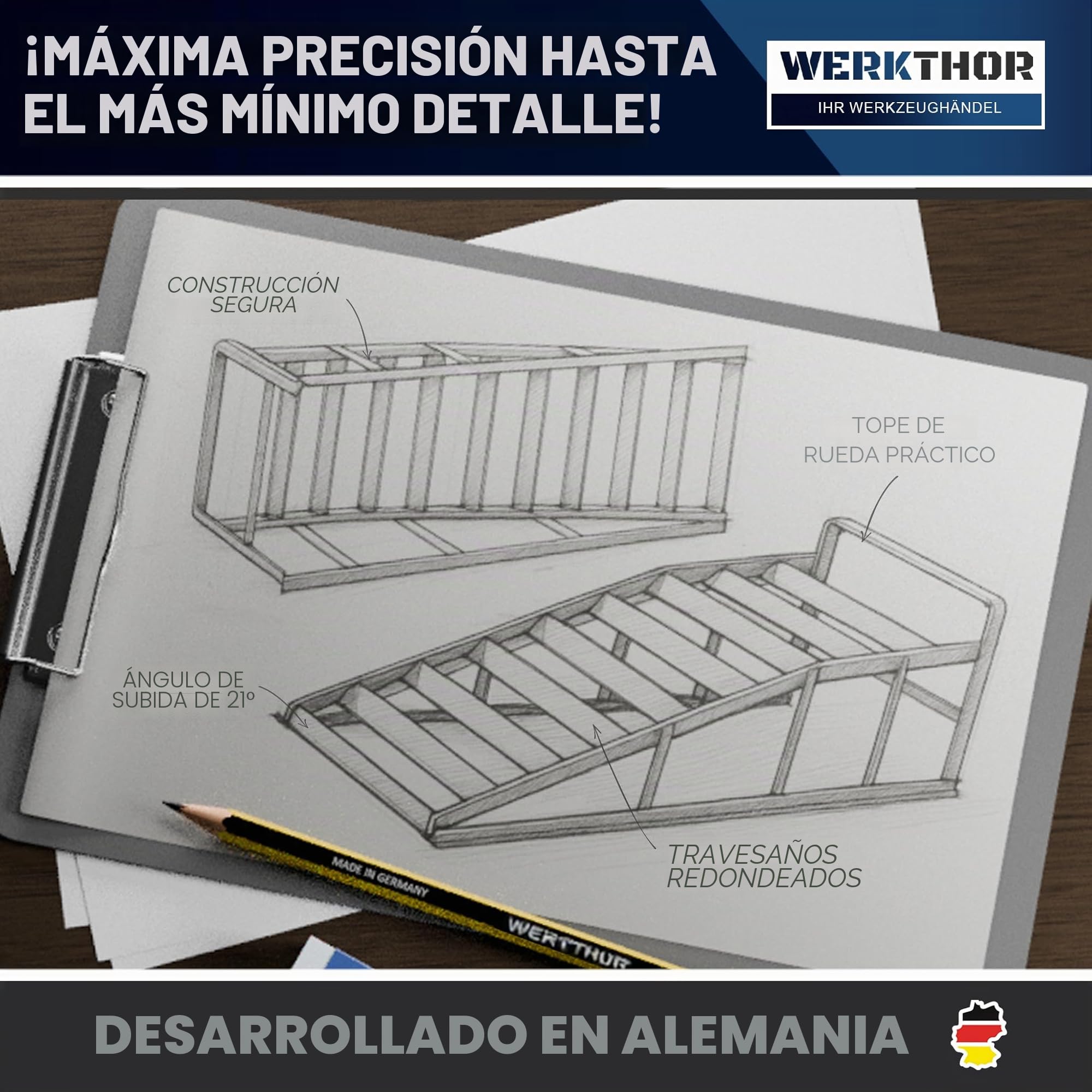 WERKTHOR Rampa de carga para coches de metal - [Set de 2] Rampas de carga para máxima sujeción [<3t] - Rampa de auto de alta capacidad para cualquier superficie - Rampas de auto 2 piezas