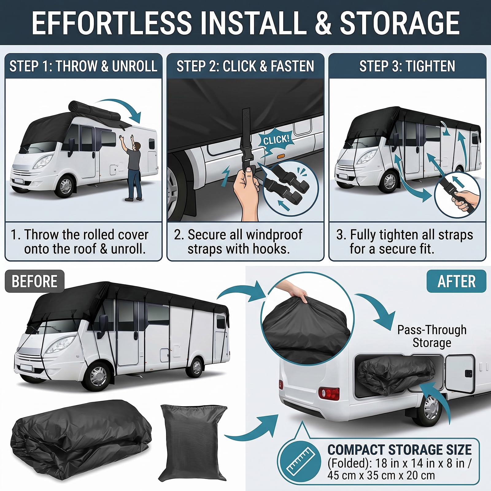 LDIW Wohnwagen Schutzdach Wasserdicht, Wohnmobil-Dachabdeckung Regenschutz, 420D Oxford Outdoor Wohnwagenplane Winterfest, Allwetter Camper Wohnmobilschutzhülle,Grau,8.5 * 3M Fits 26to29 ft