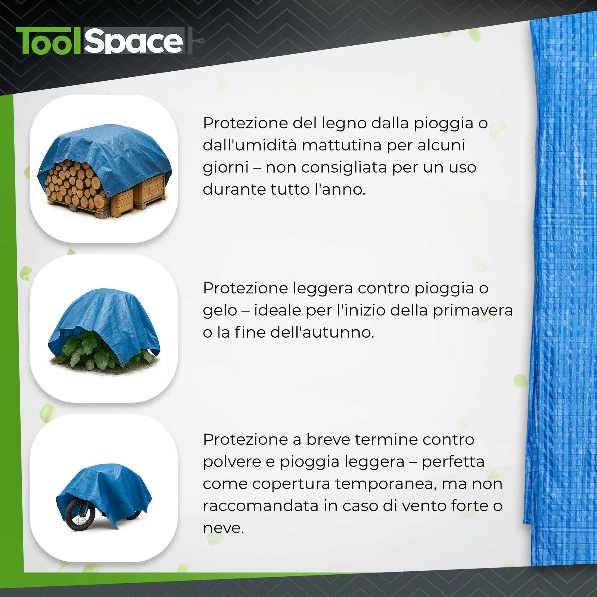ToolSpace Telone in tessuto 10x15 m | Blu 50g/m² | Impermeabile | Telo per barca, legno, costruzione, campeggio