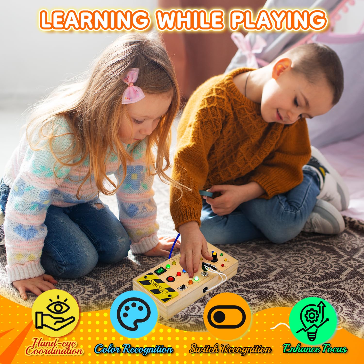 Hukermoon Busy Board Juguetes Montessori, Tablero de Actividades Sensoriales Madera con 8 Interruptores y 15 Luces LED, Montessori Toddler Busy Board LED, Juegos Educativos para Niños de 1 2 3 4 Años — view 2