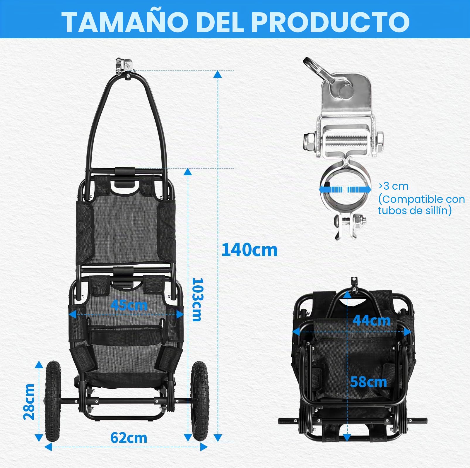 SEPNINE® Remolque de carga bicicleta 2 en 1, remolque de bicicleta, carro de la compra, carro de mano, marco de acero de aleación, fácilmente plegable con neumáticos de 30 cm, peso de carga de 20 kg