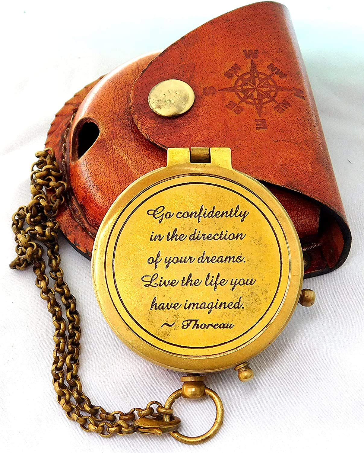 ANSARI'S COLLECTION "Go Confidently" Engraved Handmade Directional Brass Compass With Leather case Father, Husband, Boys Eid Gift