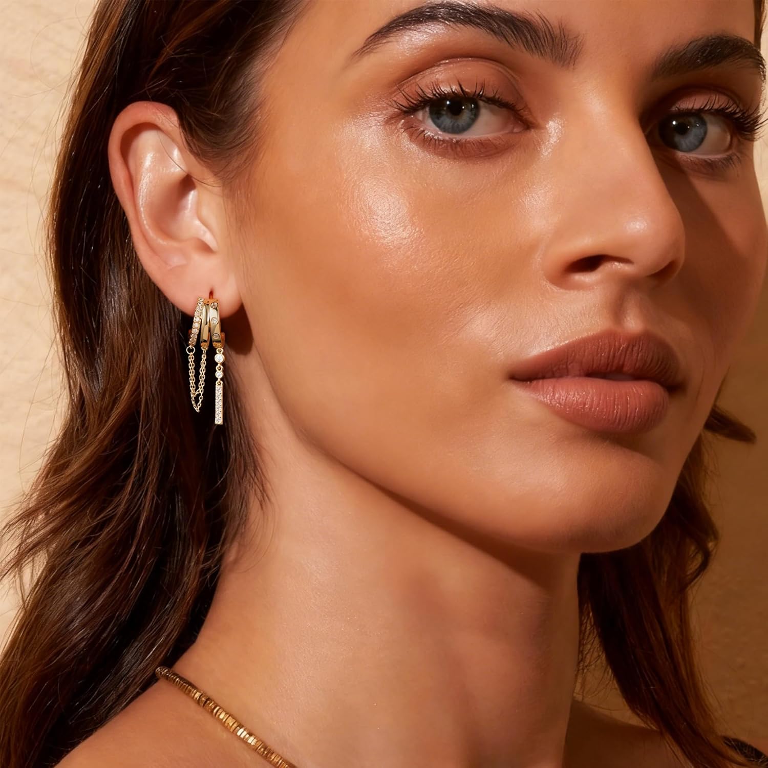 Dangle Earrings for Women,14K Gold Plated 925 Sterling Silver Posts Drop Dangle Chain Earrings Dainty Gold Triple Huggie Hoop Earring Hypoallergenic Trendy Statement Earring Fashion Jewelry - Image 4